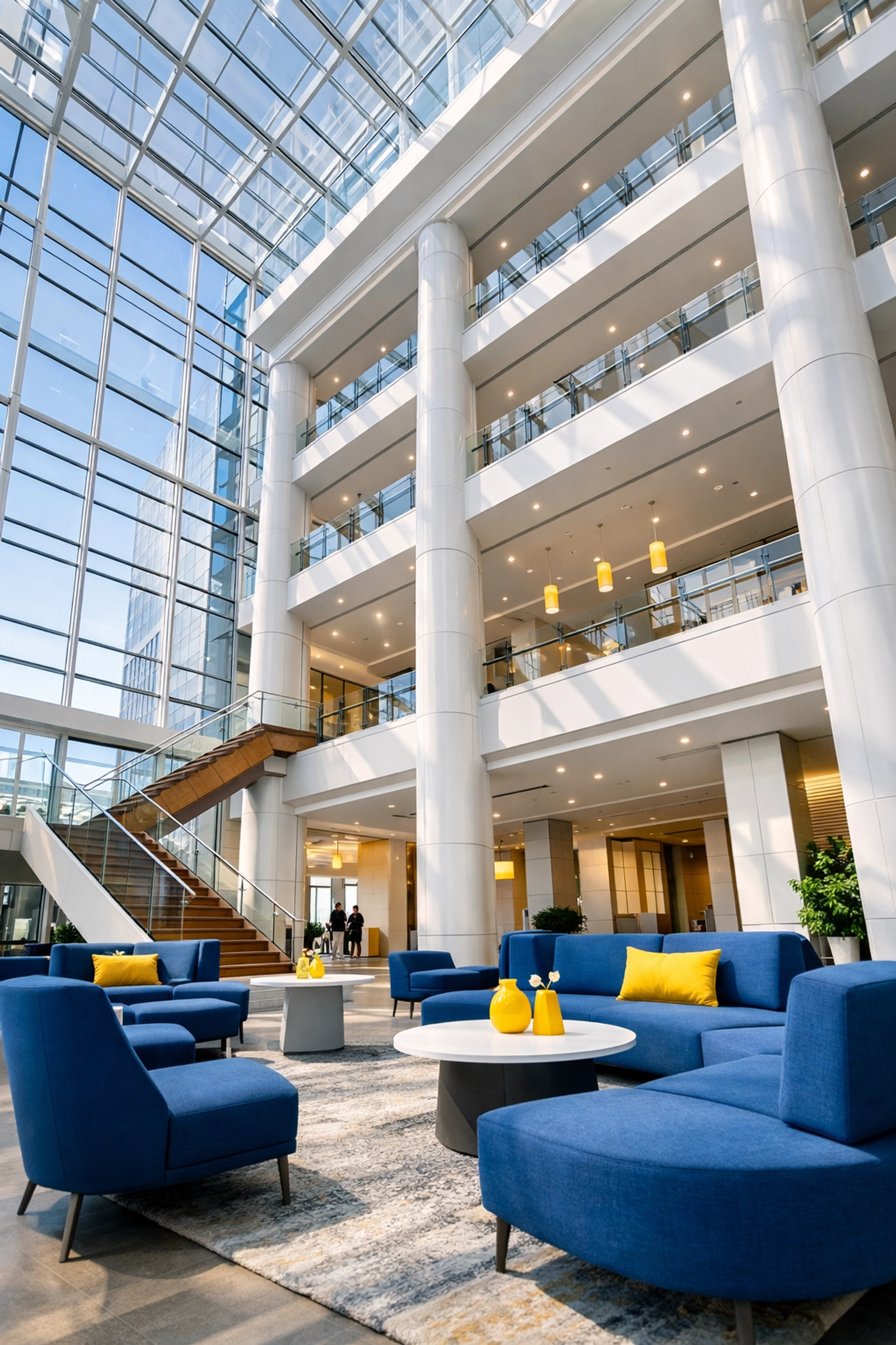 A grand, clean corporate office lobby in a Somerville business hub, showcasing professional facility care.