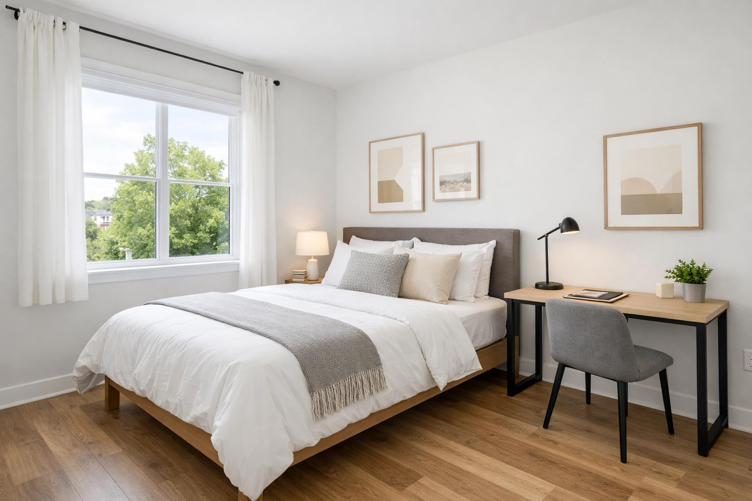 [HERO] Bright, modern private bedroom in a Raleigh shared home with natural light, crisp bedding, and a simple workspace—high-quality “roommate economy” alternative to a pricey studio