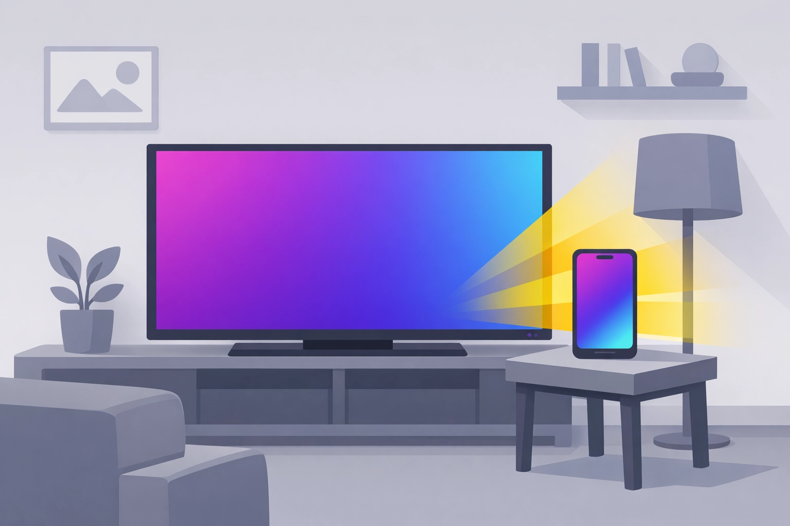 Illustration of a TV screen and smartphone showing the priming effect of CTV on social media ads.