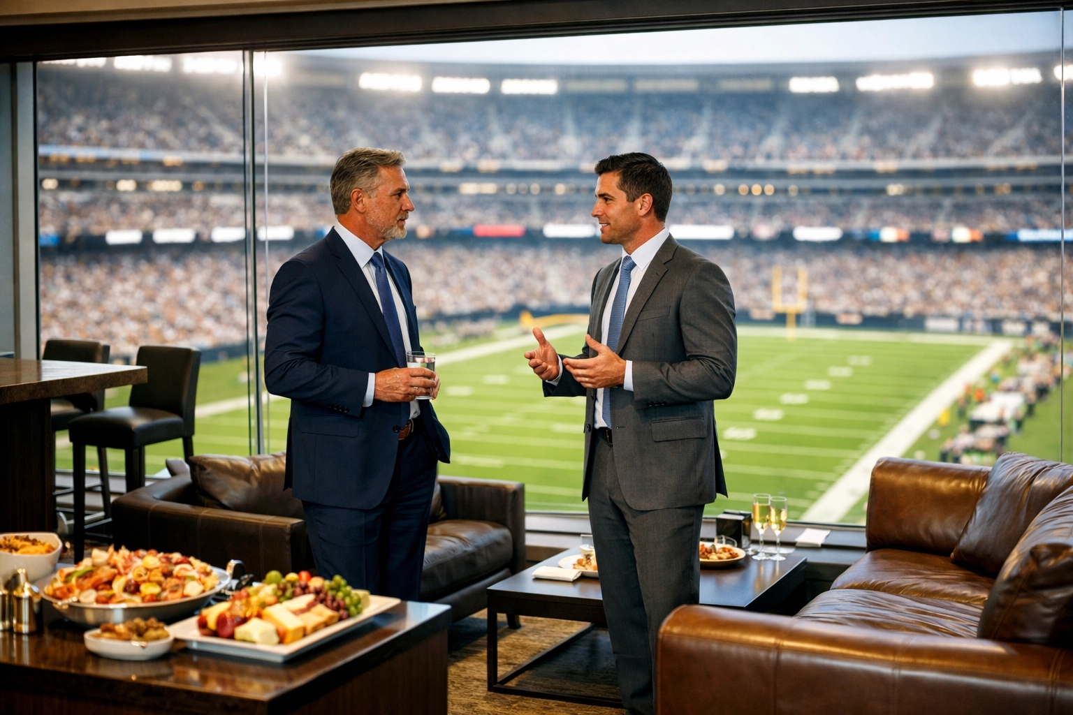 NEWSLETTER: The Ultimate Guide to High-Stakes Super Bowl Travel Management: Everything You Need to Succeed Executives networking in a luxury stadium suite overlooking a professional field.
