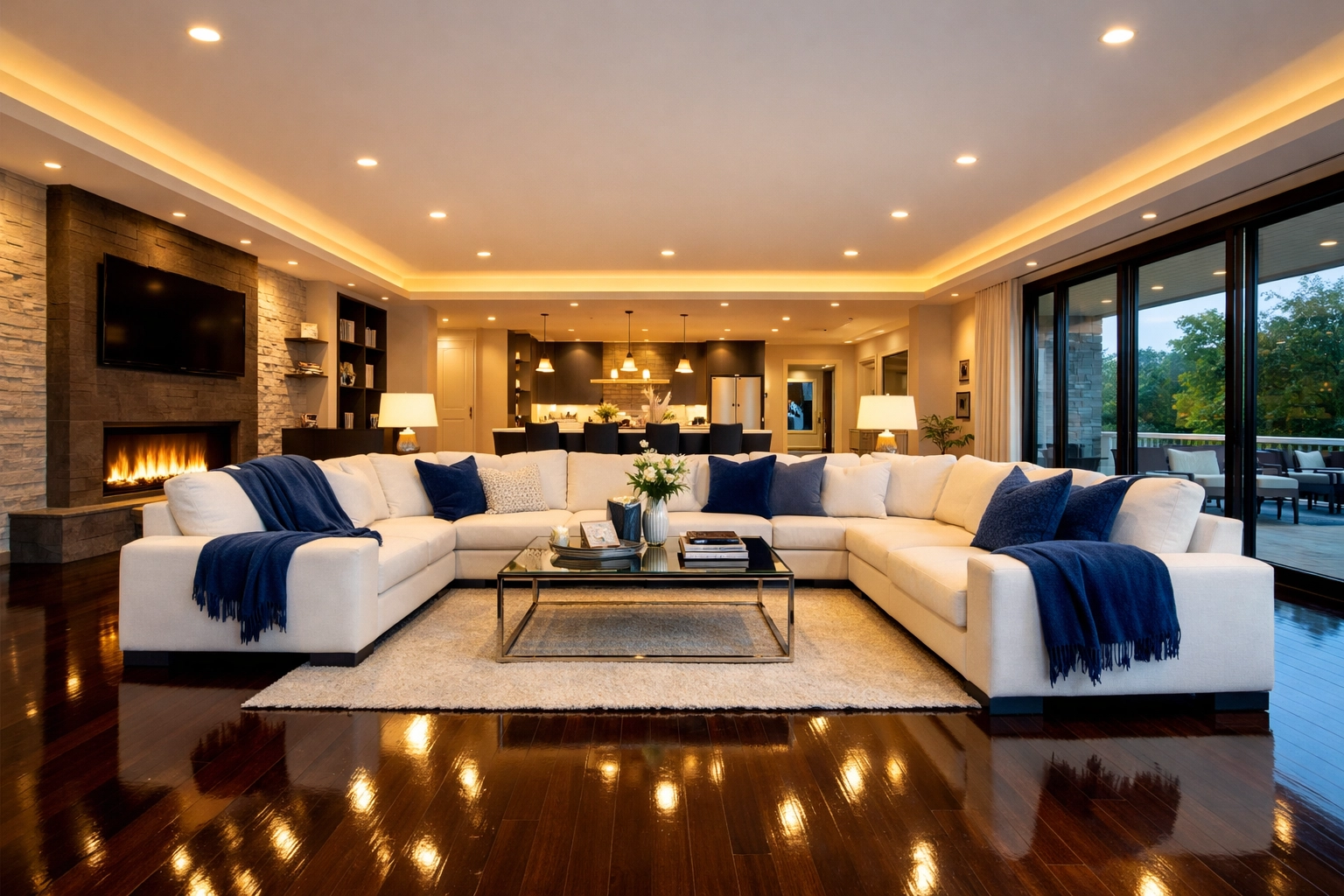 Immaculate modern living room with polished dark wood floors and clean white sectional sofa.