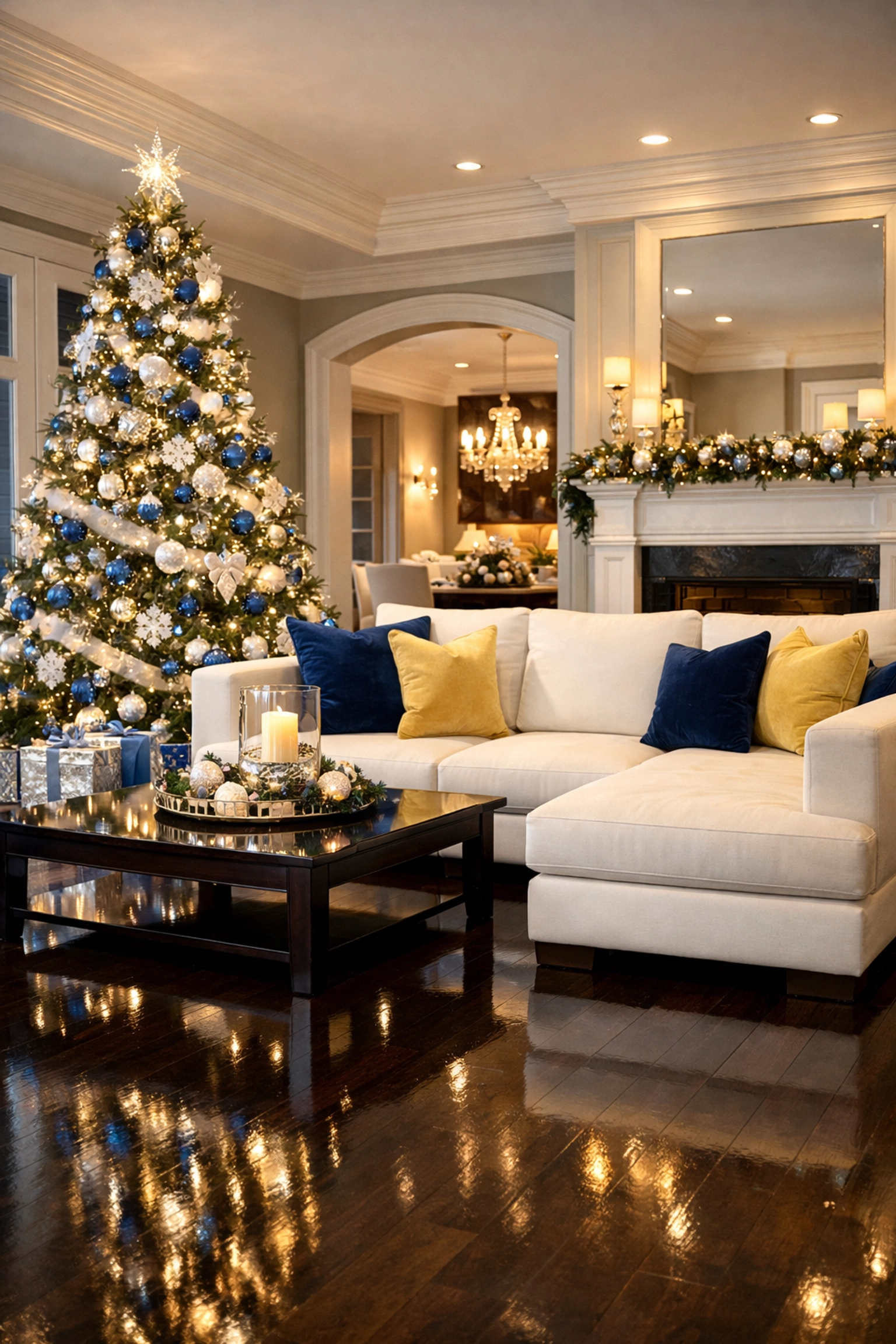 Professional house cleaning results in a luxury Shrewsbury living room with a white and blue holiday tree.