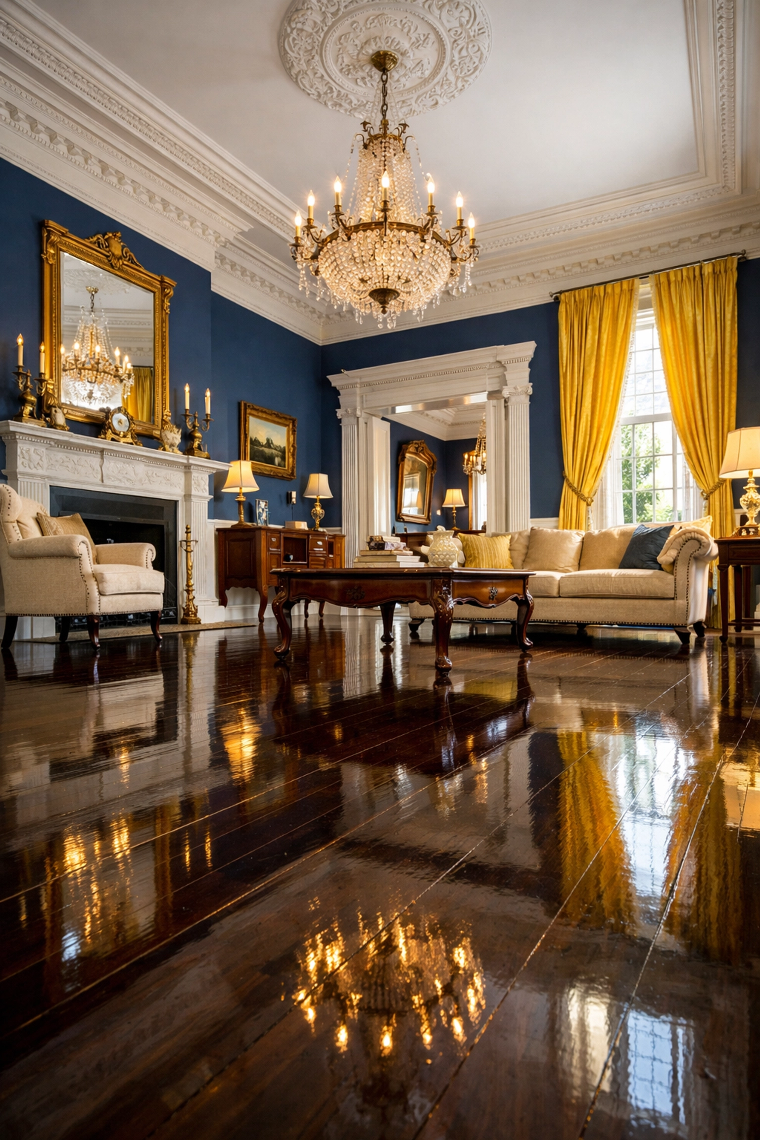 Historic Massachusetts parlor with high ceilings cleaned by professional cleaners MA residential services.