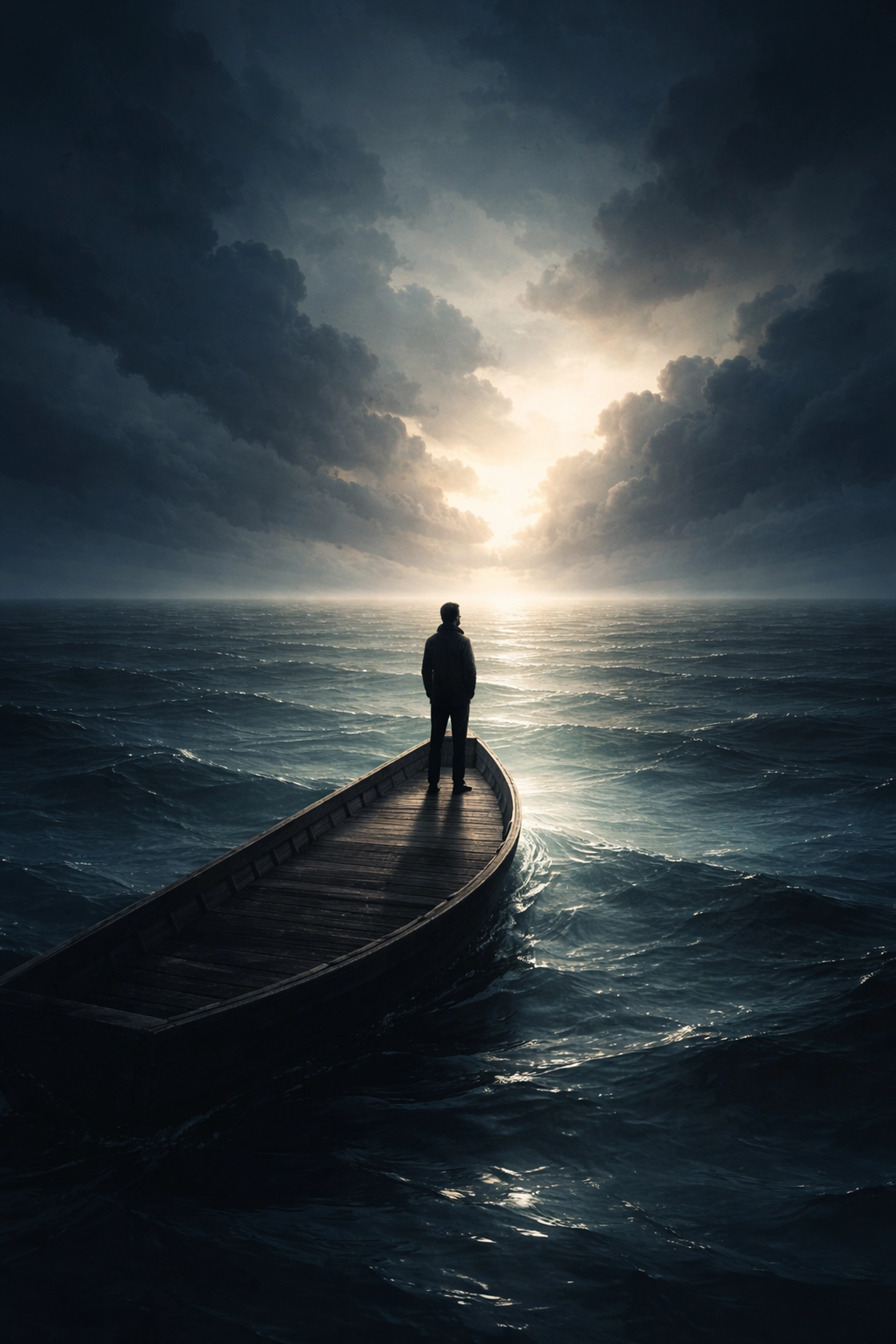 Lone voyager stands on boat facing stormy but hopeful horizon, reflecting perseverance in Moana 2.