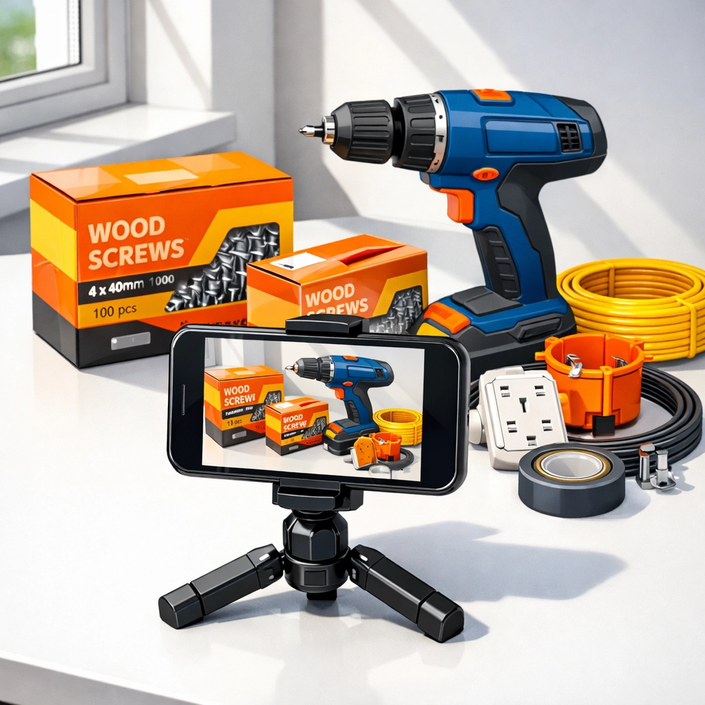 Contractor photographing construction materials for online marketplace listing