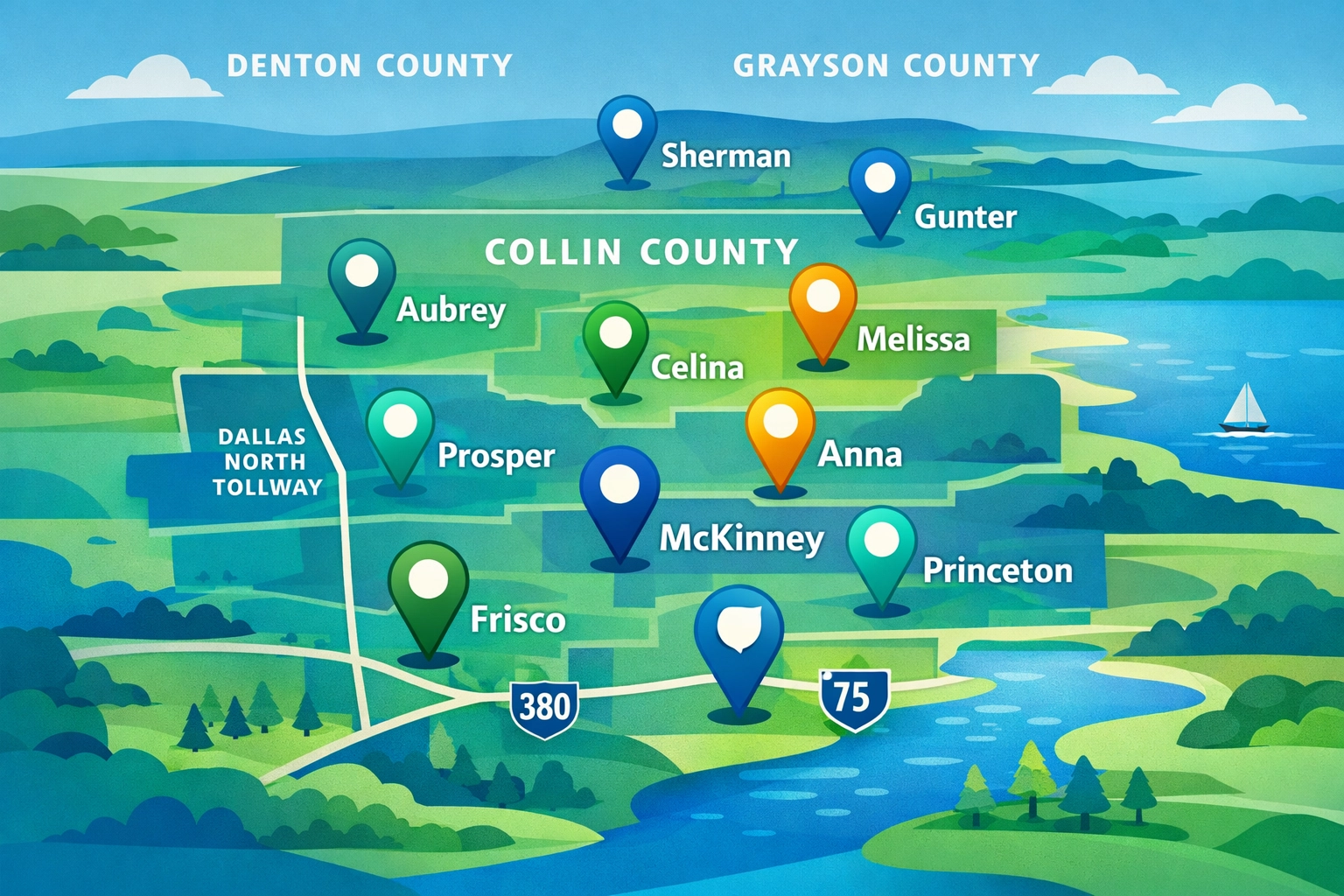 Map of North Texas counties showing MUD and PID locations in Collin, Denton, and Grayson County