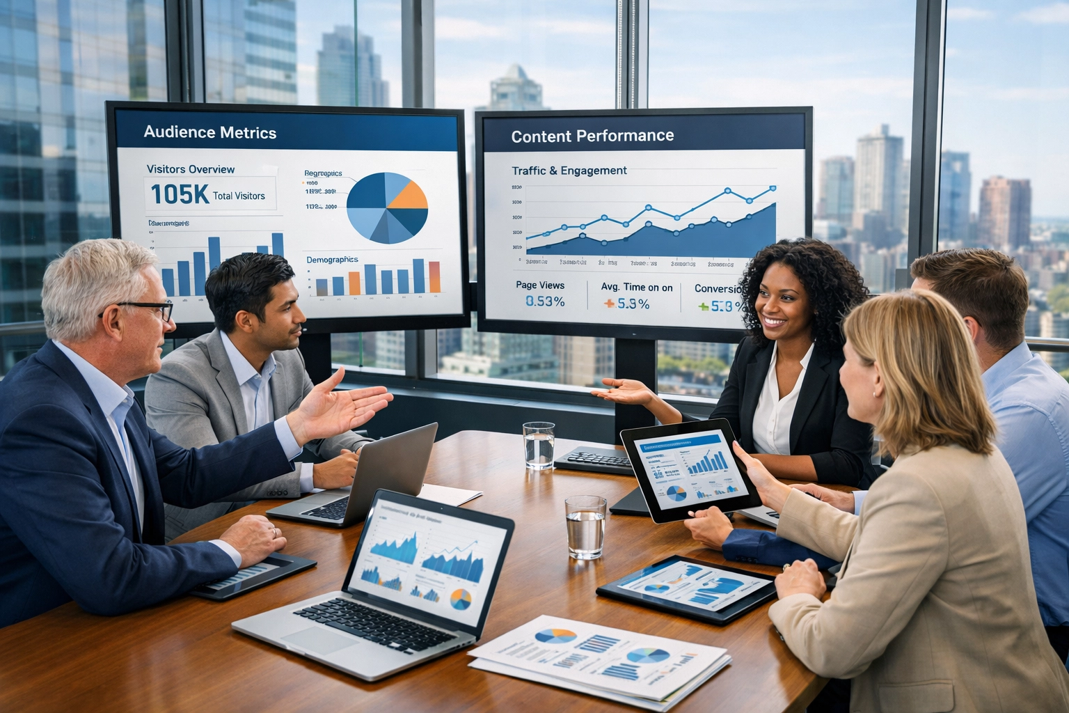 Media consulting team analyzing data and audience metrics during strategic planning session