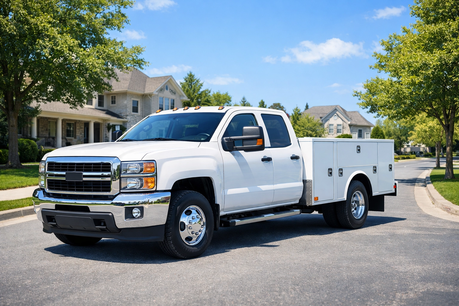 A modern white pool service truck in a suburban neighborhood, representing high-demand pool routes for sale.