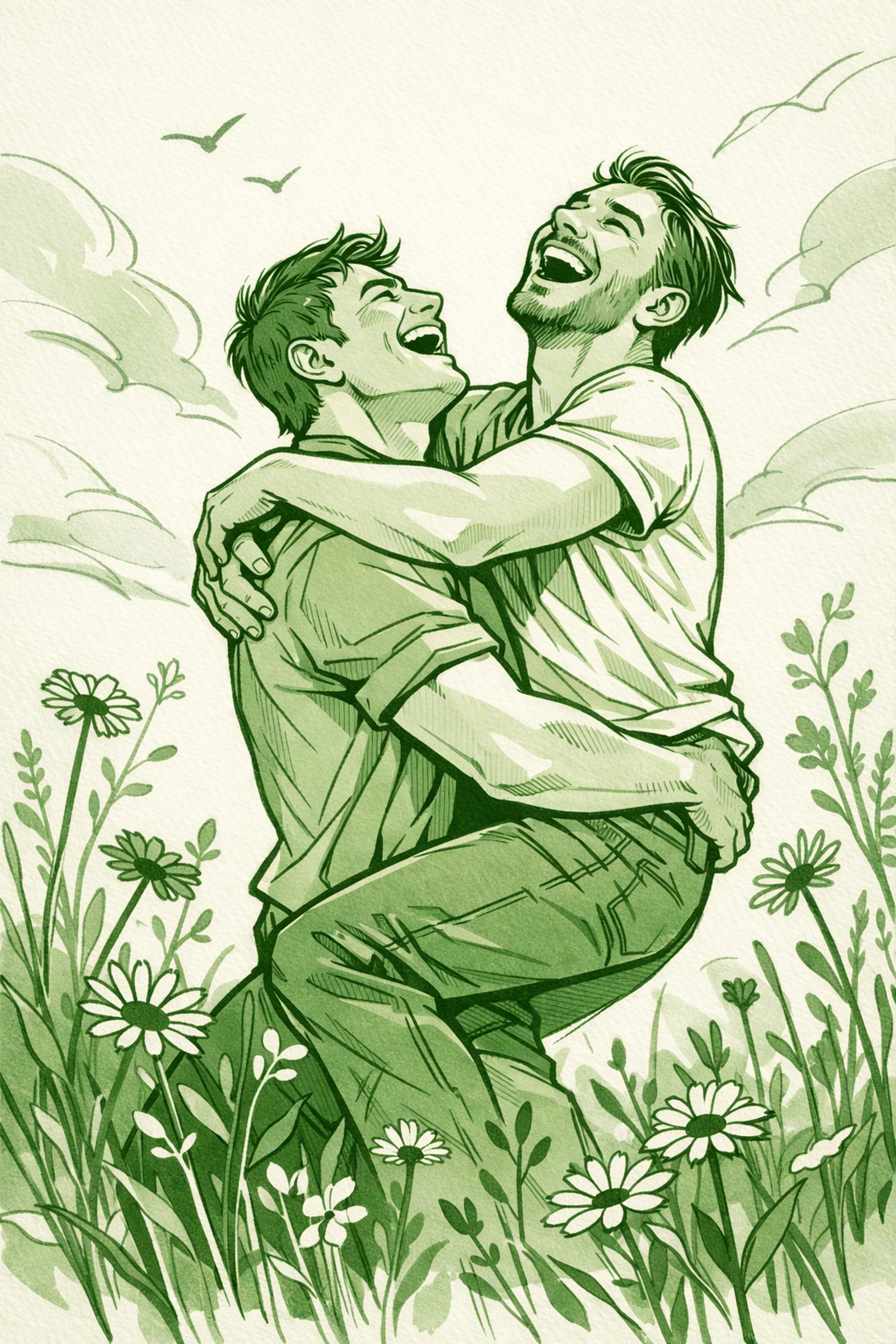 Empowering illustration of two men laughing in a field, capturing the theme of queer joy as resistance in gay fiction.