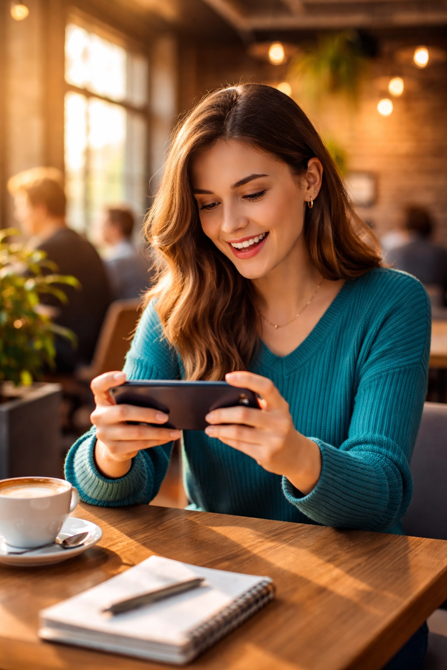 Young professional watches short-form video in sunny cafe, showcasing engagement with digital marketing content.
