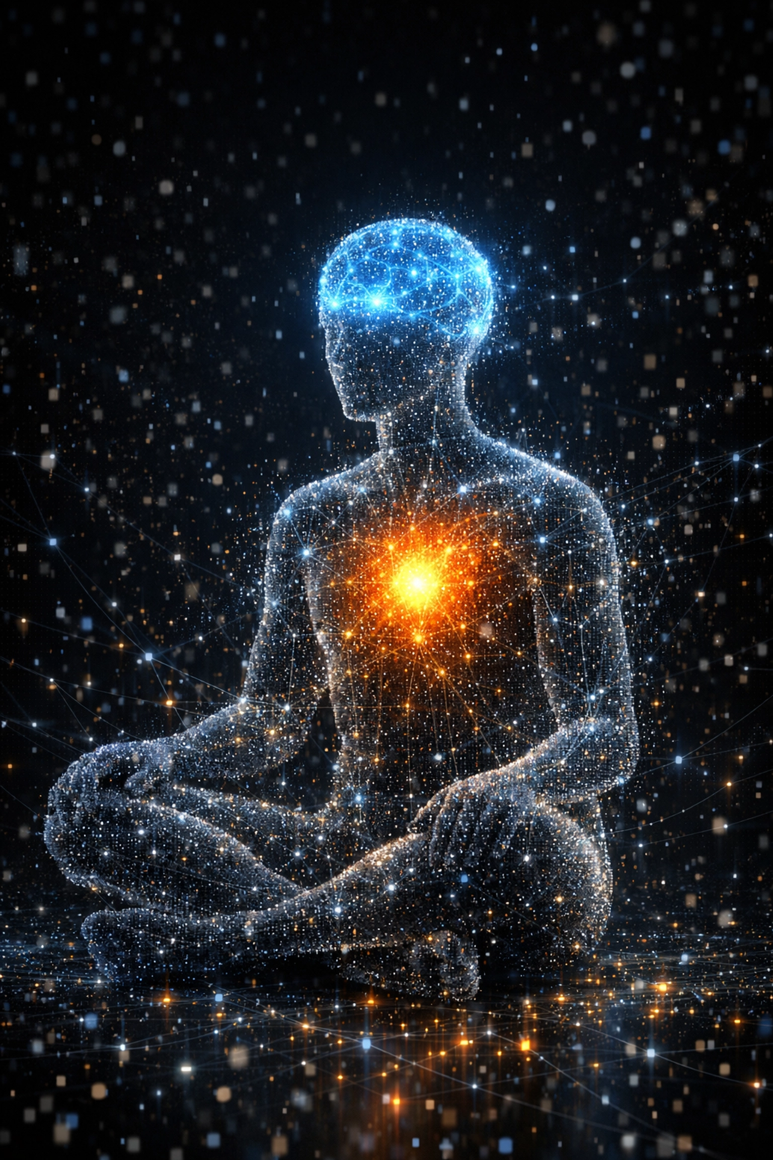 Digital twin visualization of a human mind showing AI analysis of emotional health and biometrics.