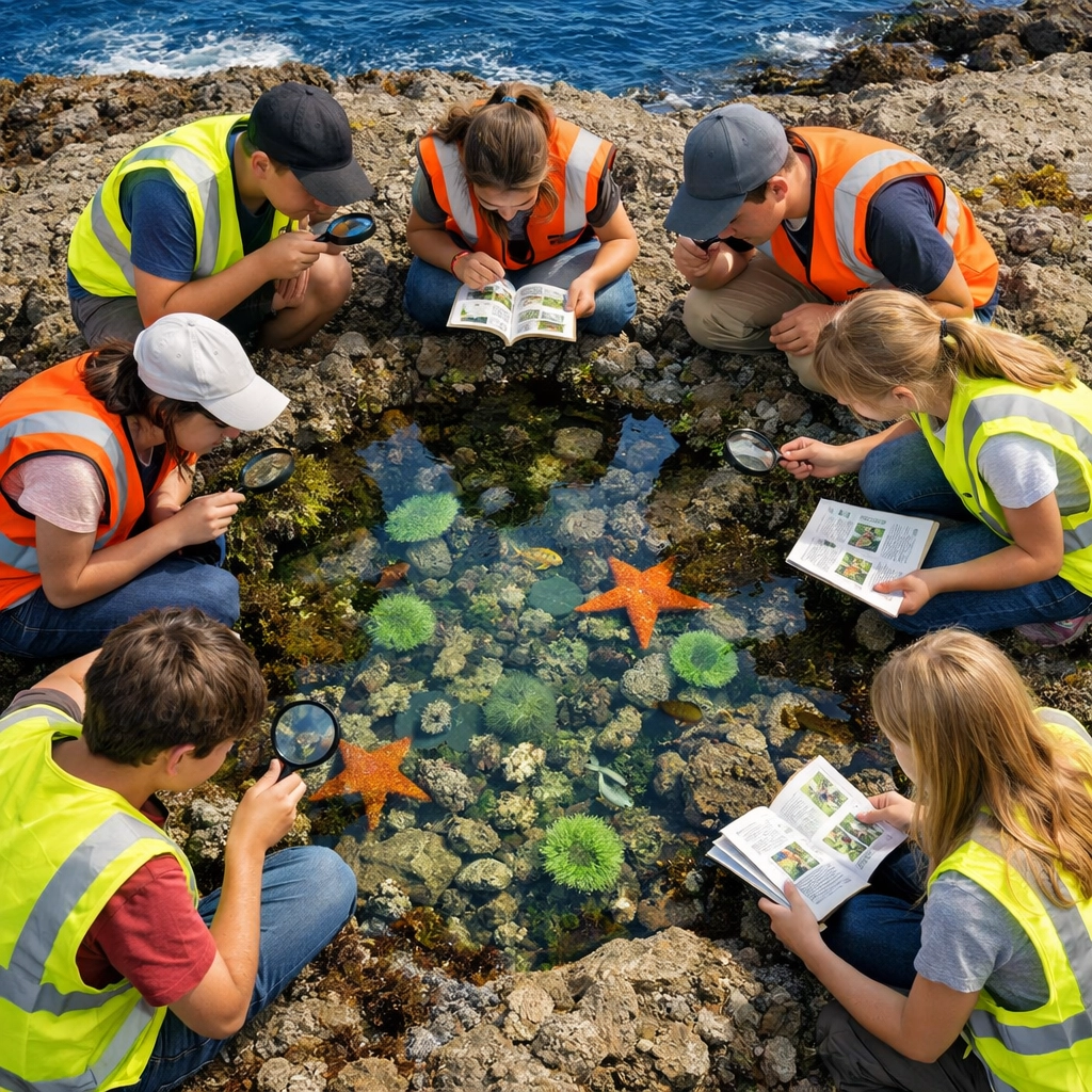 Students examining tide pool marine life during educational coastal ecosystem tour in San Diego