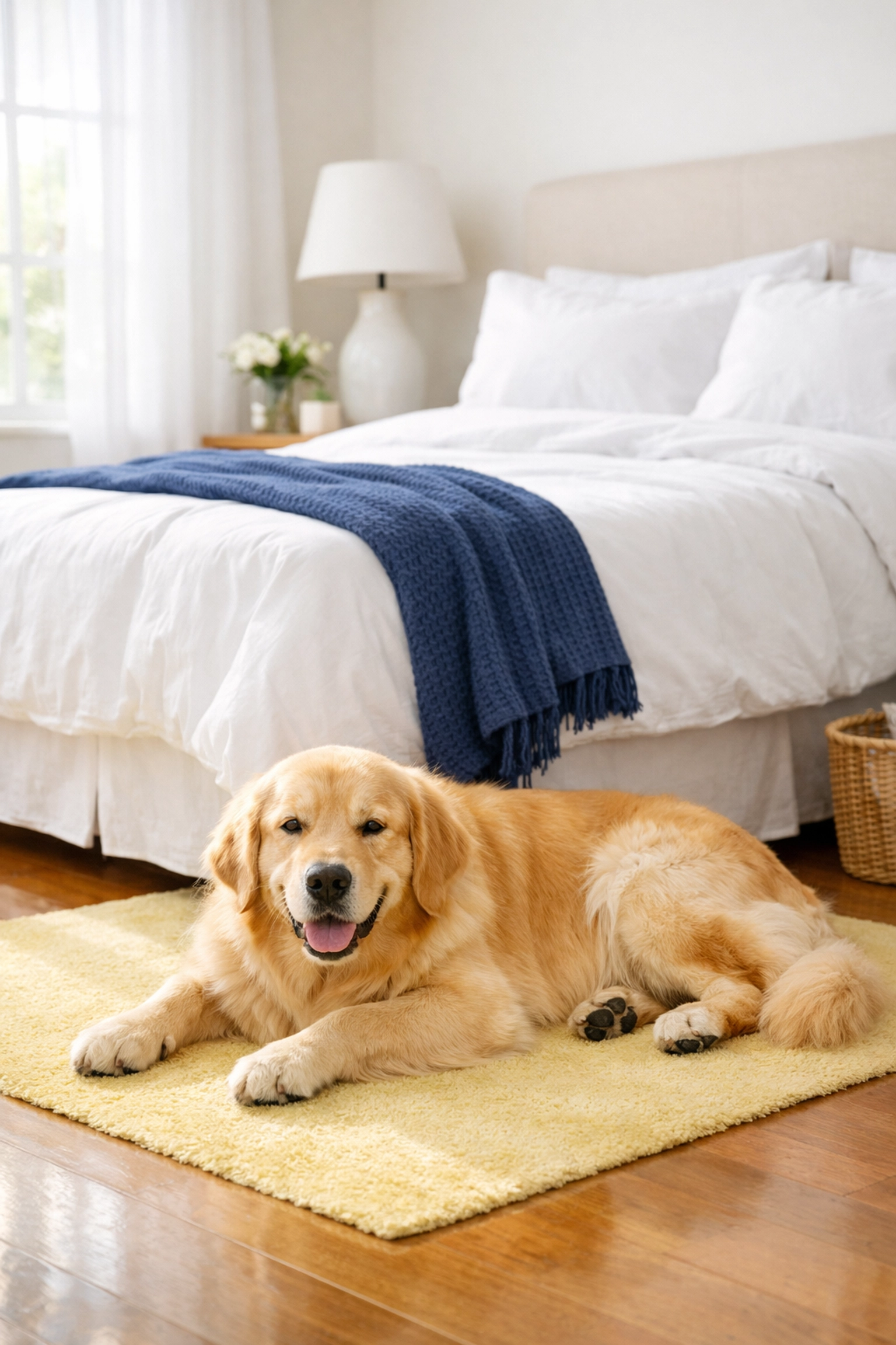 Pet-safe eco-friendly house cleaning Natick MA bedroom with a golden retriever on a clean yellow rug.