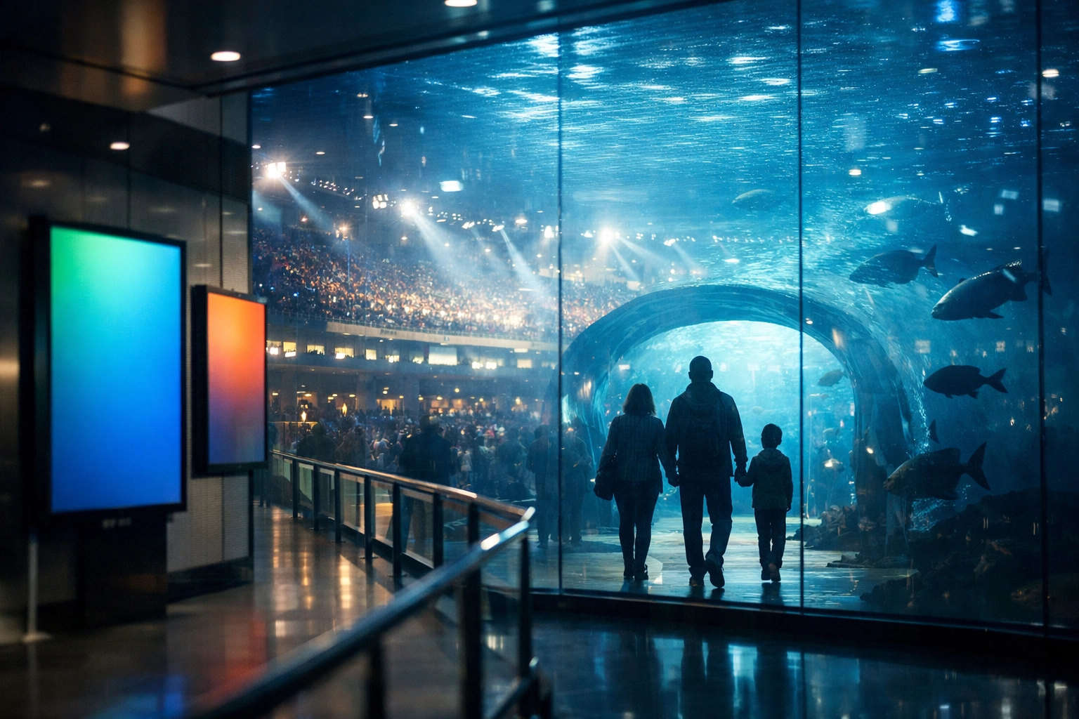 Global media integration showing digital signage across sports venues, entertainment centers, and aquarium environments.