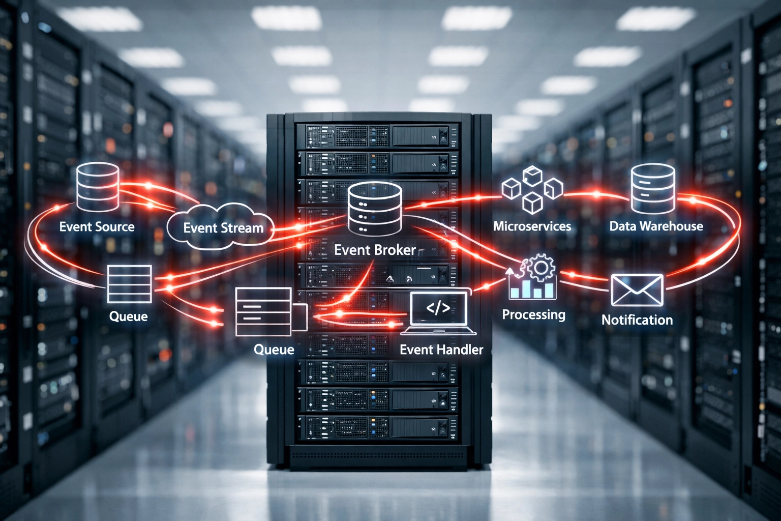 Enterprise server infrastructure with event-driven architecture data flows for platform modernization