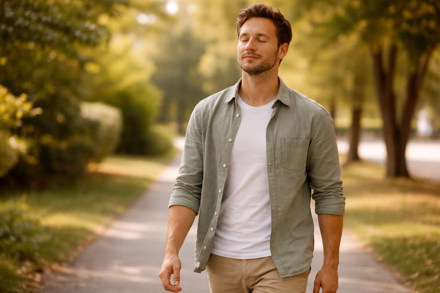 Man practicing mindfulness in a casual way while taking a calm, slow walk outdoors in warm sunlight