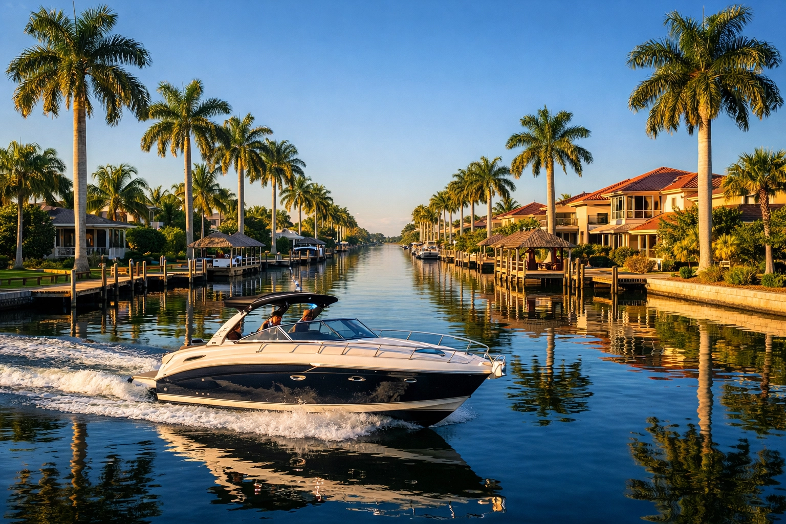 Motorboat cruising a direct access canal in Southeast Cape Coral with palm trees and waterfront homes.