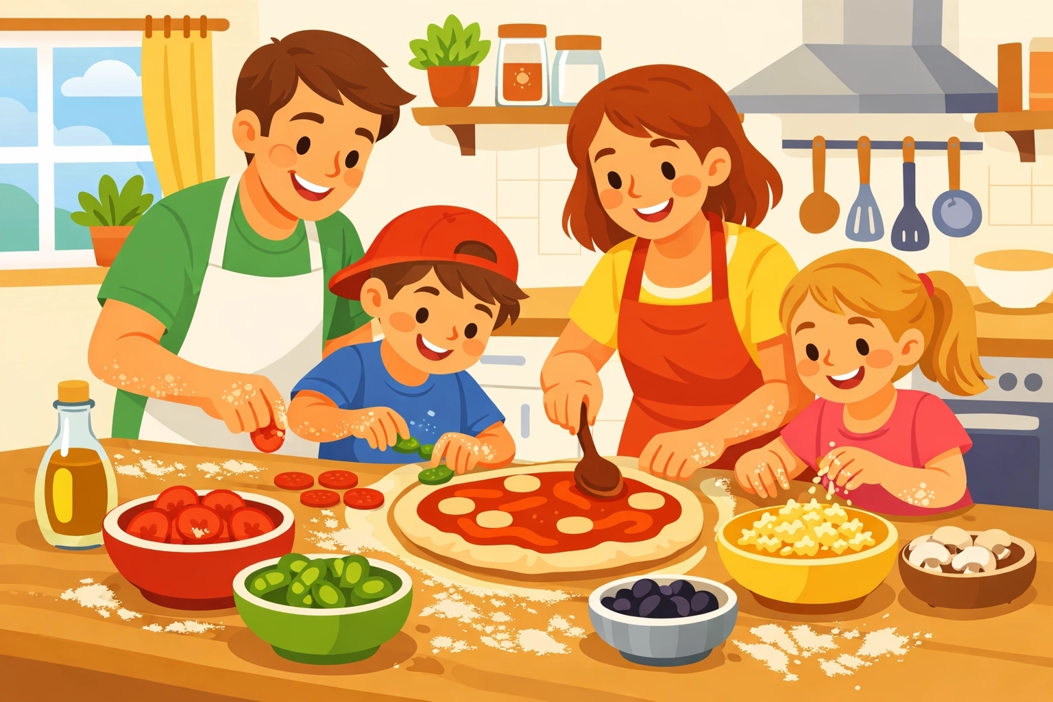Family making homemade pizza together in kitchen as fun budget activity