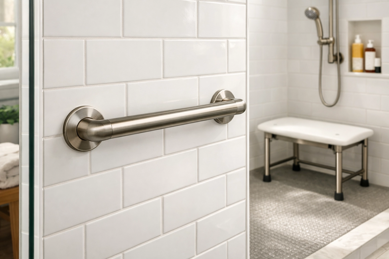 Secure bathroom for seniors featuring a metal grab bar and a walk-in shower with non-slip flooring.