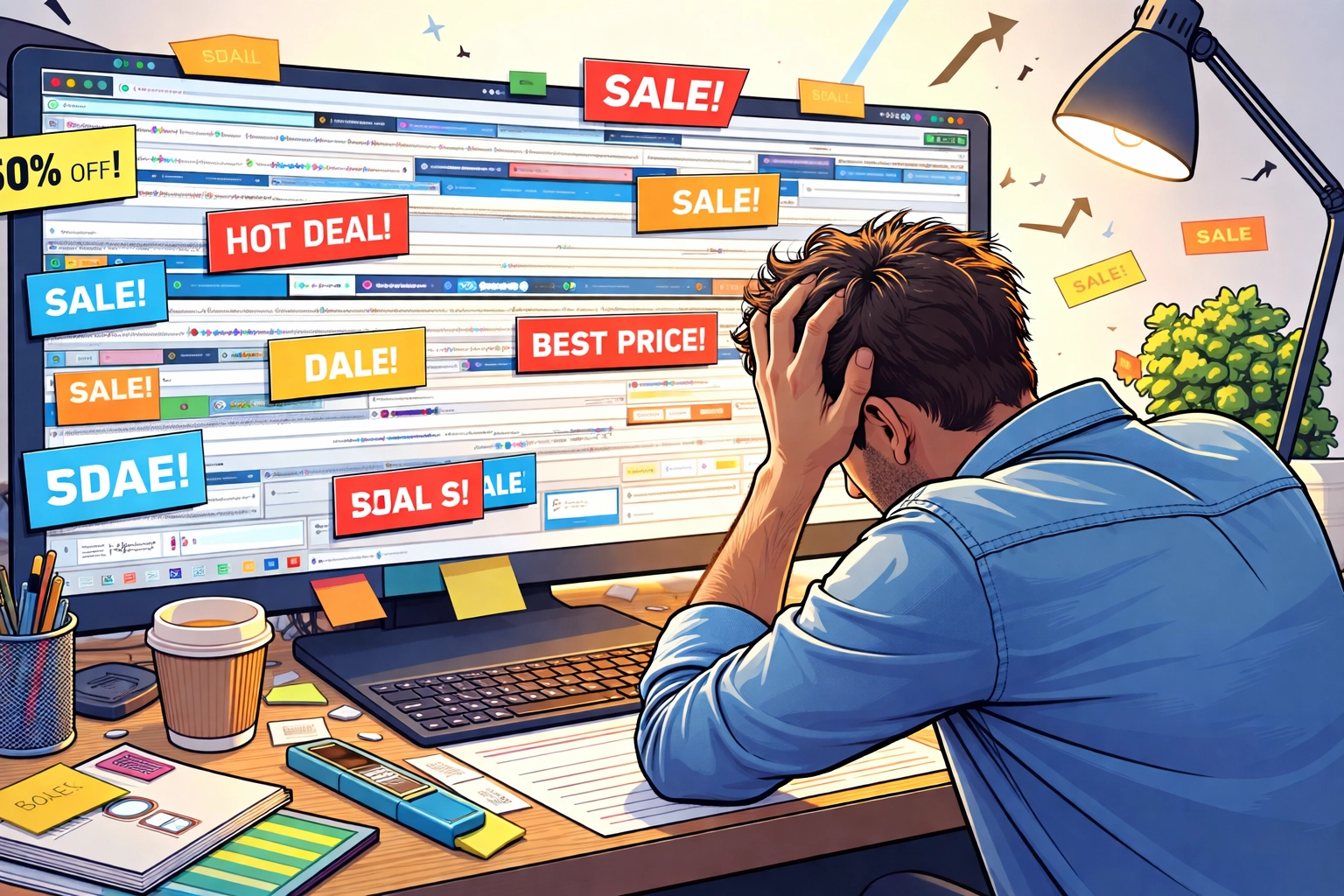 Frustrated shopper overwhelmed by too many browser tabs while searching for online deals