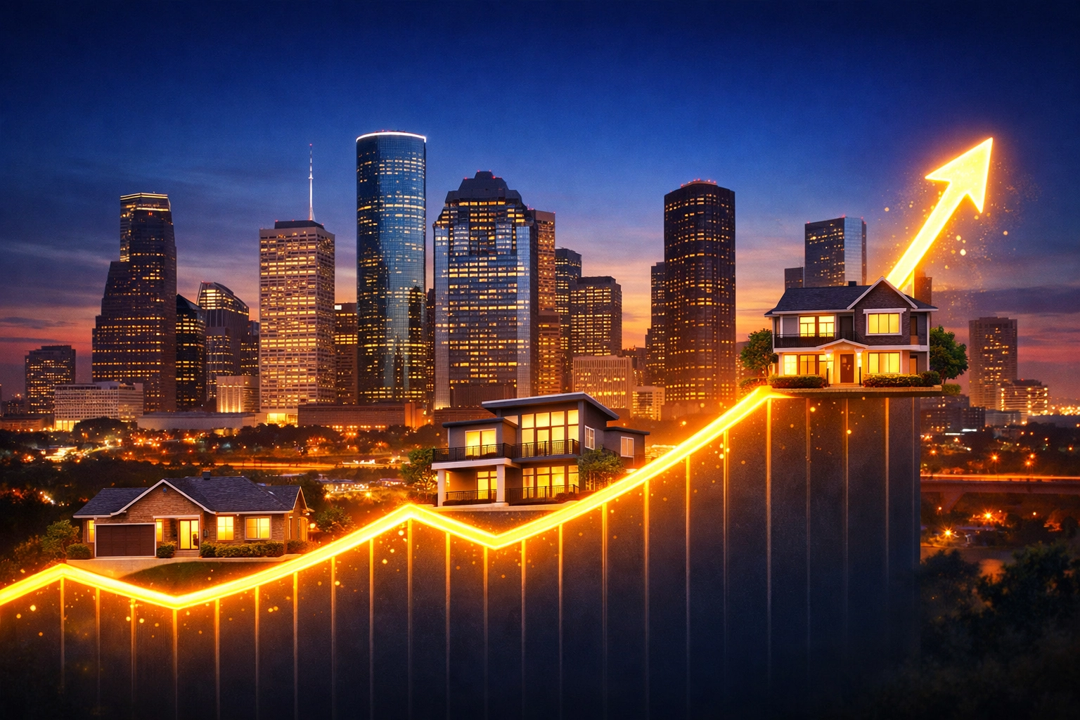 Houston skyline with houses on a rising graph, symbolizing real estate investment potential and home appreciation.