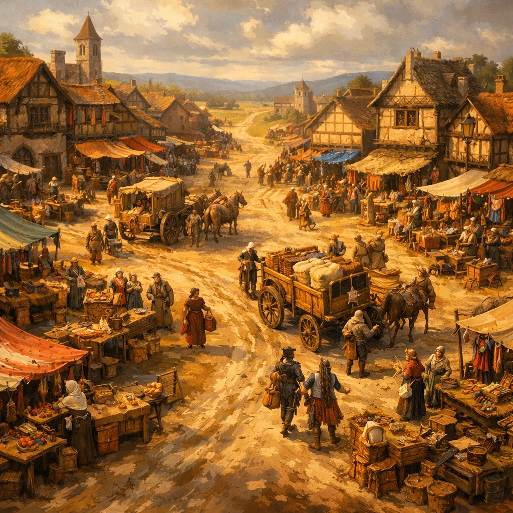 Brindlemark market town crossroads bustling with merchants, wagons, and trade in central Cantorin