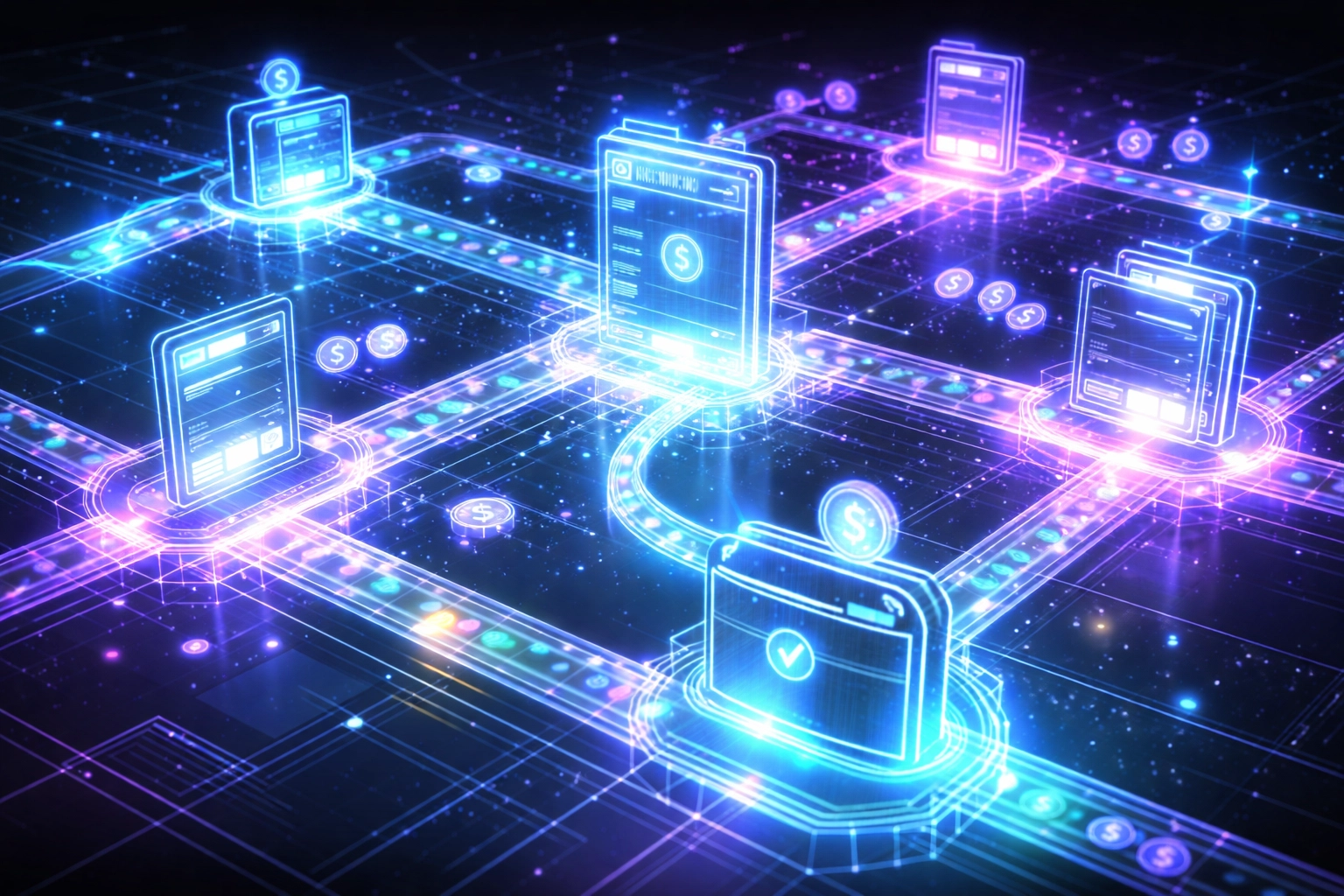 Visual representation of blockchain-based smart contracts distributing crypto payments for instant, bank-free settlements