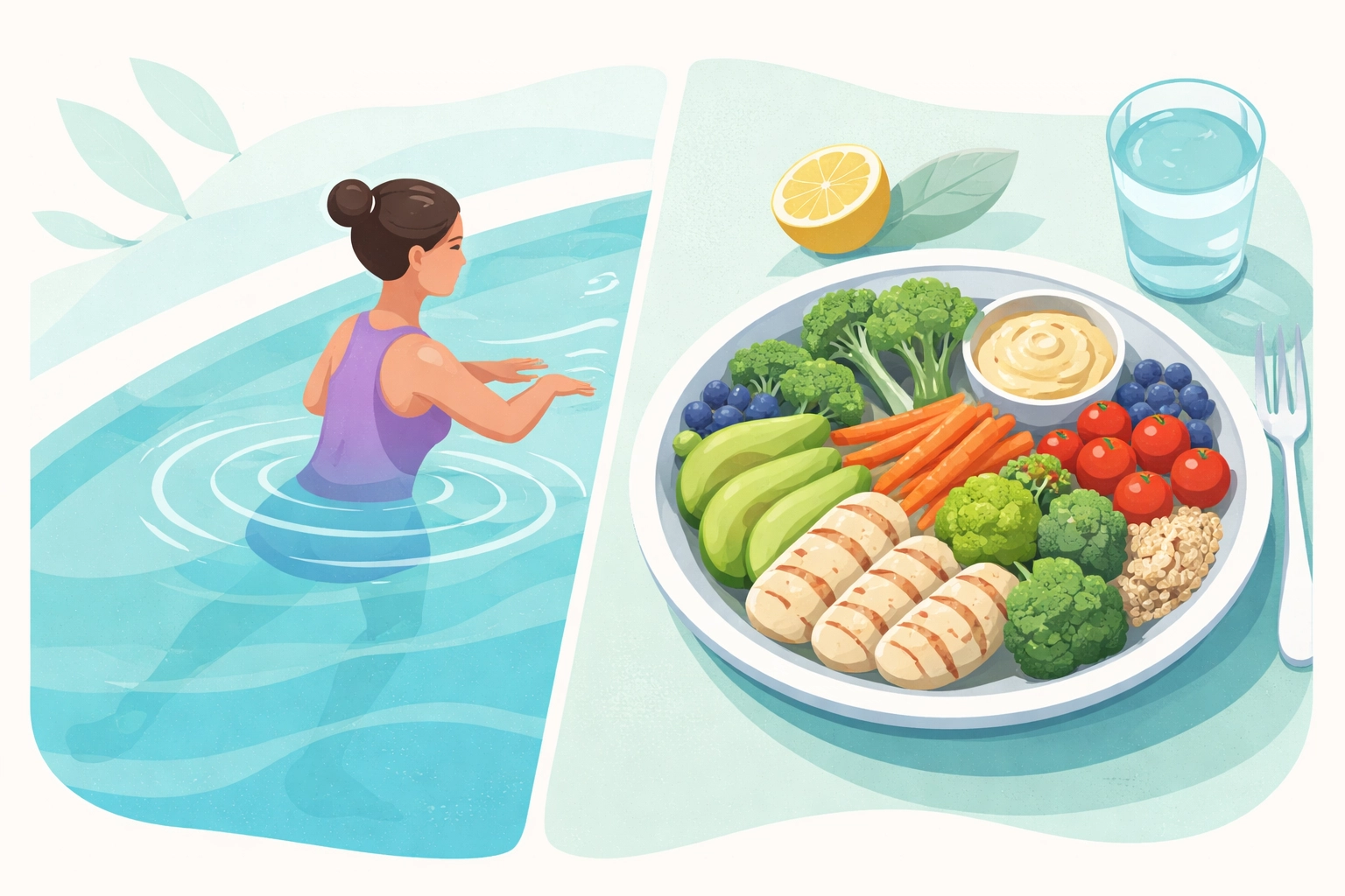 Balanced lifestyle choices for knee arthritis, showing water exercise and healthy foods for joint pain relief.