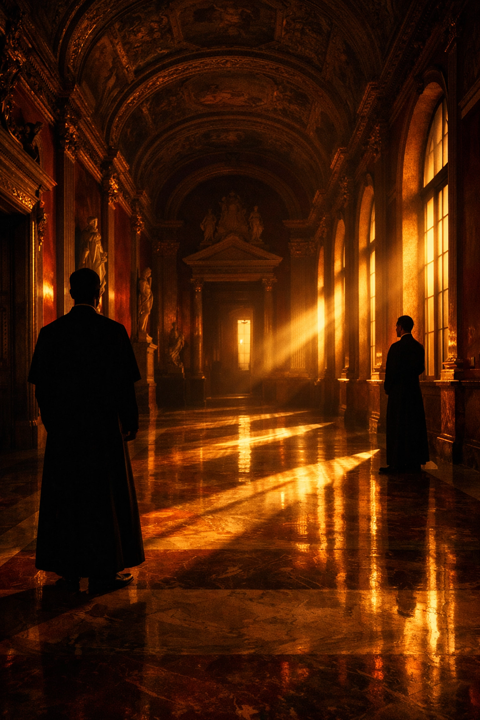 Vatican corridor with priests in shadows symbolizing secret gay clergy community before 1961 purge