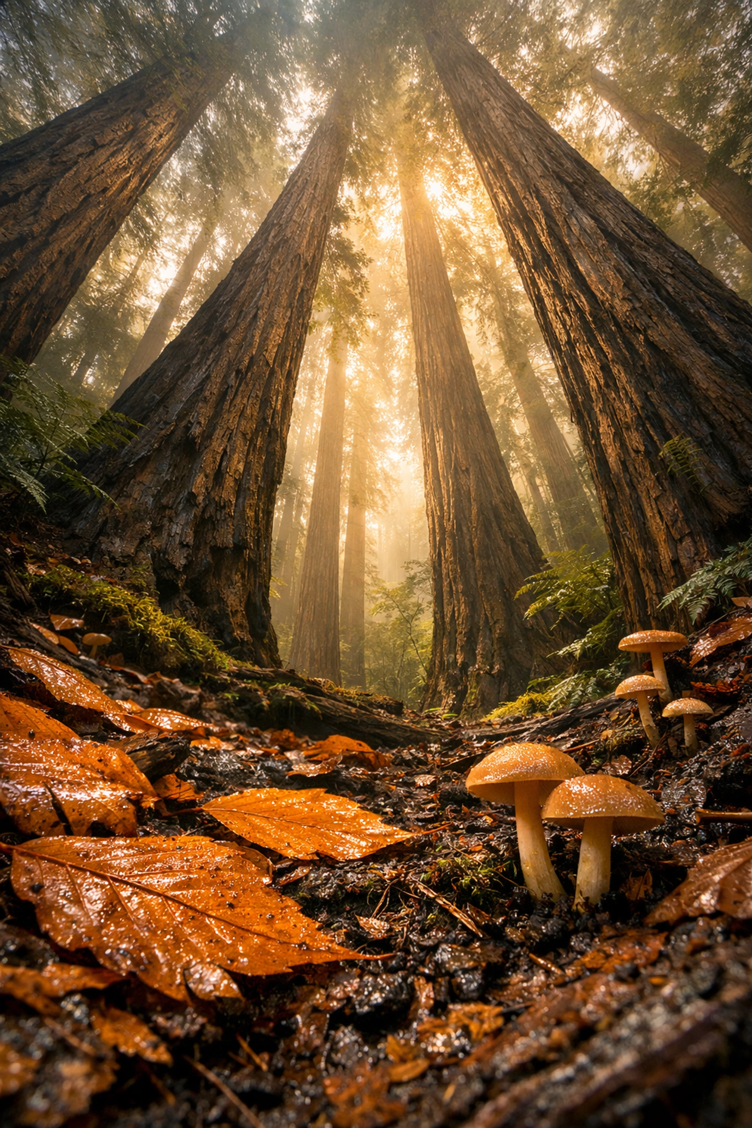 Low-angle redwood forest floor view with towering trees, landscape photography composition tips