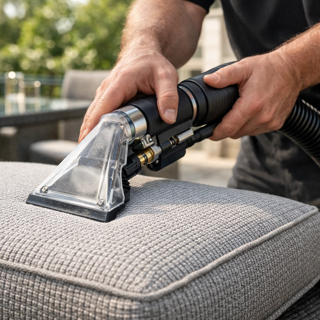 Professional outdoor furniture cleaning services using high-end equipment on patio cushions.