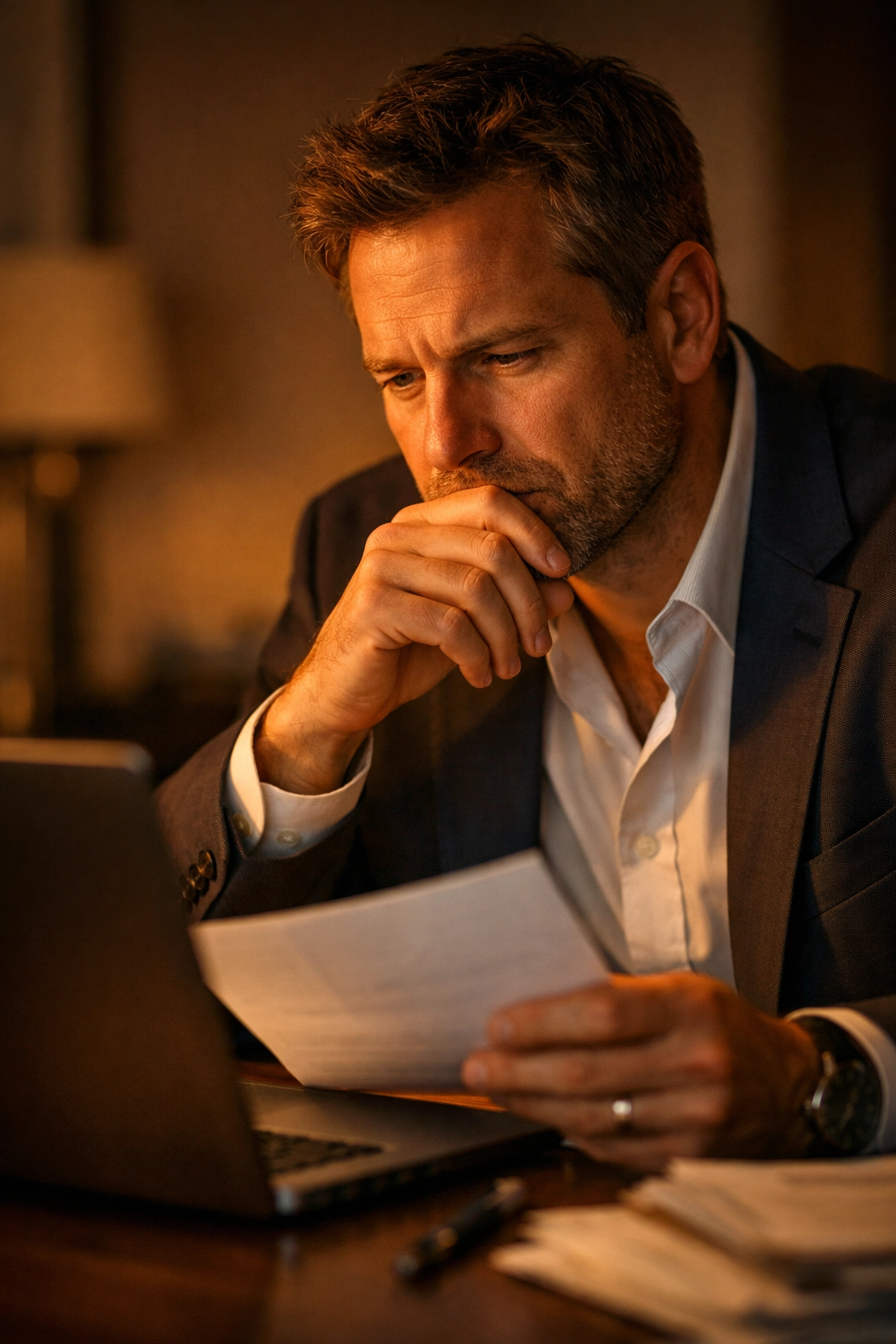 Business professional contemplating sales performance and decision stakes