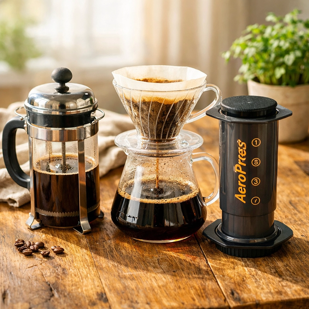 Various coffee brewing methods including a French press, V60, and AeroPress displayed on a rustic oak table.