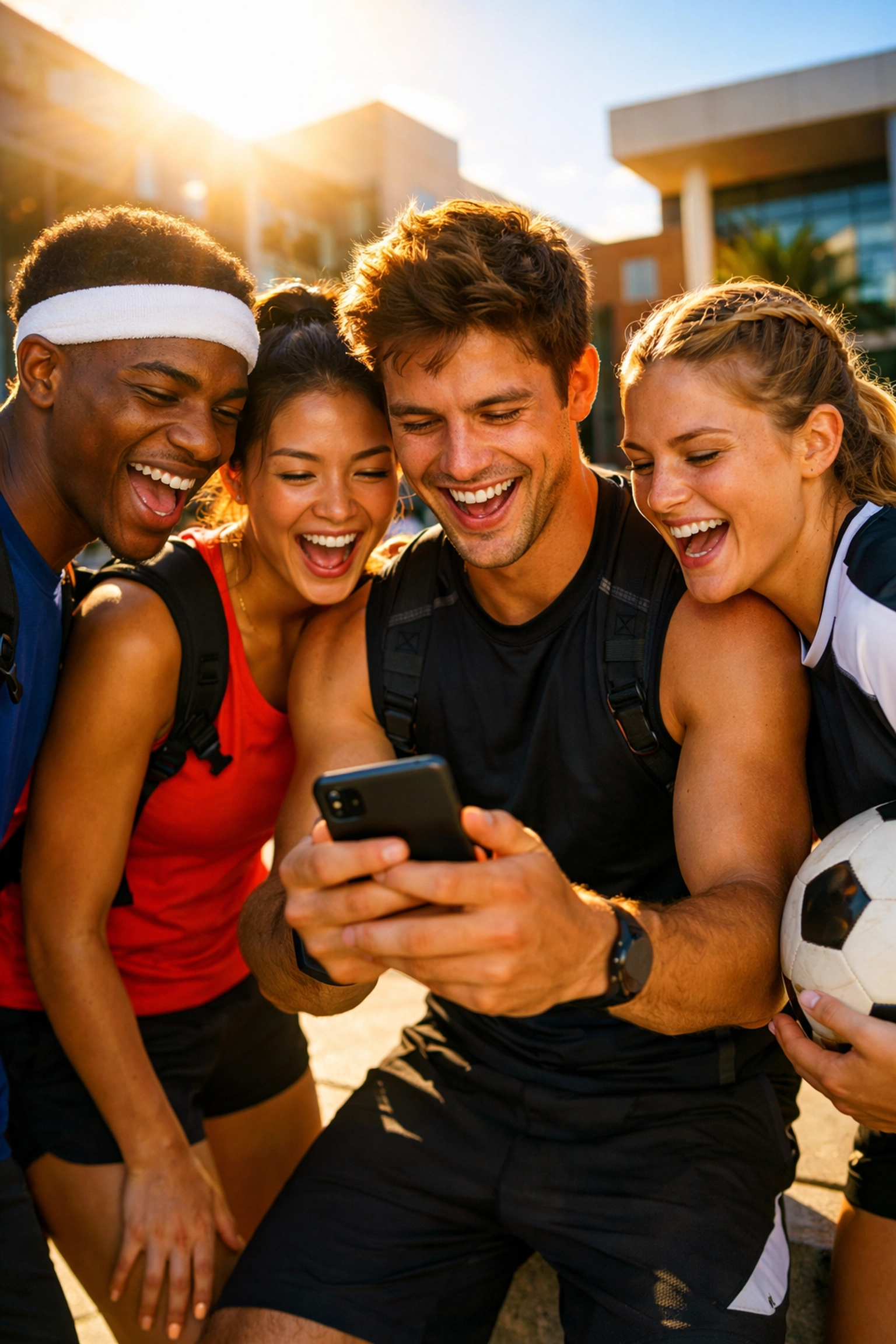 Student-athletes engaging with digital brand content on mobile devices to build authentic connections.