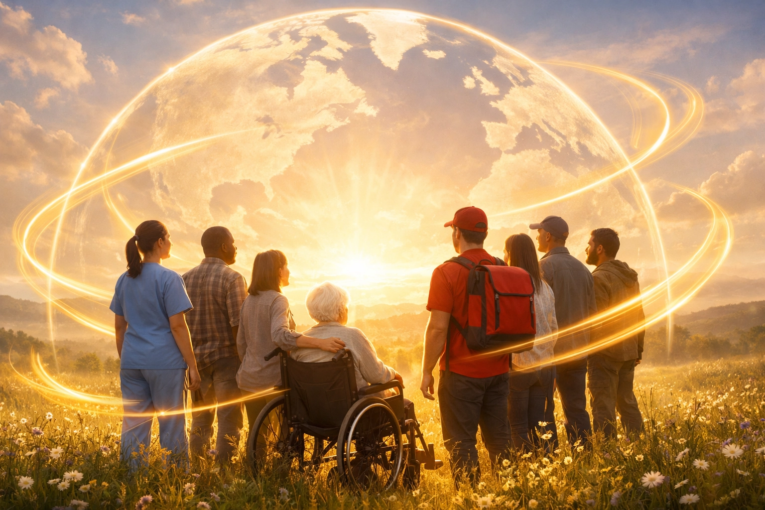 Diverse believers representing the global Church standing in a meadow under a glowing sky, symbolizing unity in Christ.