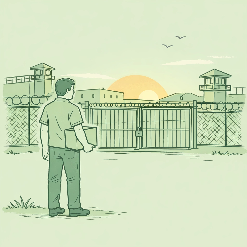 Man released from prison looking back at gates, carrying belongings into uncertain freedom
