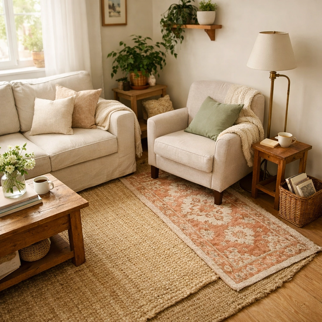 Layered area rugs creating distinct zones in multi-functional small living room