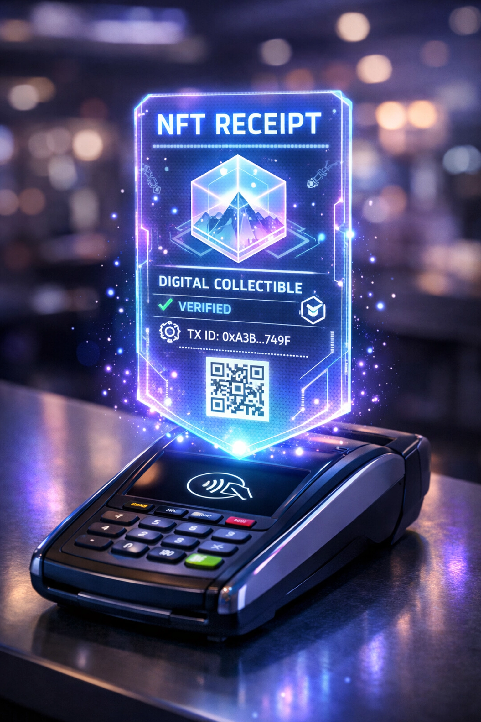 NFT receipt hologram displayed above contactless crypto payment terminal for retail merchants
