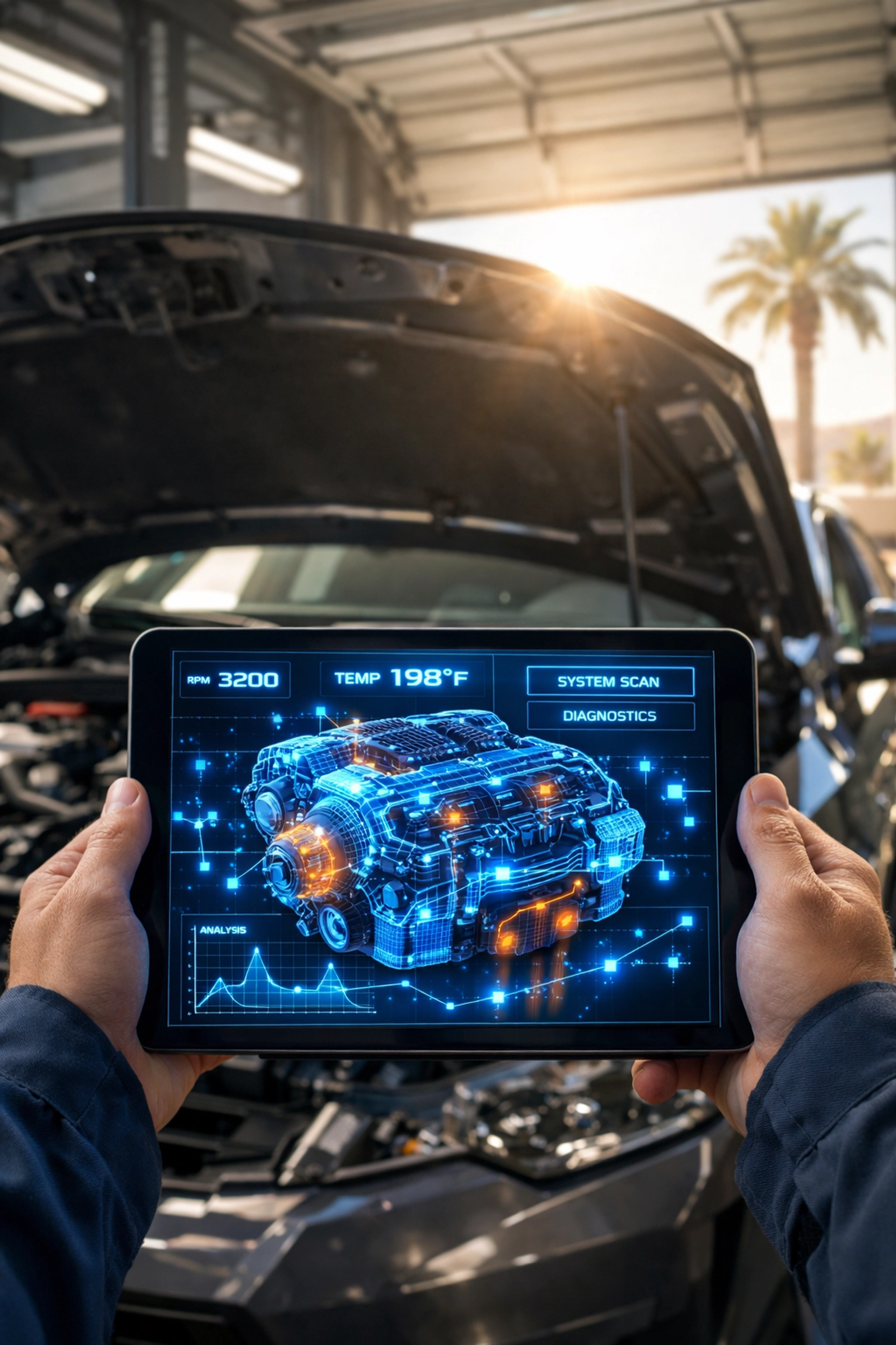Technician performing advanced car diagnostics in El Segundo using a digital engine scanner.