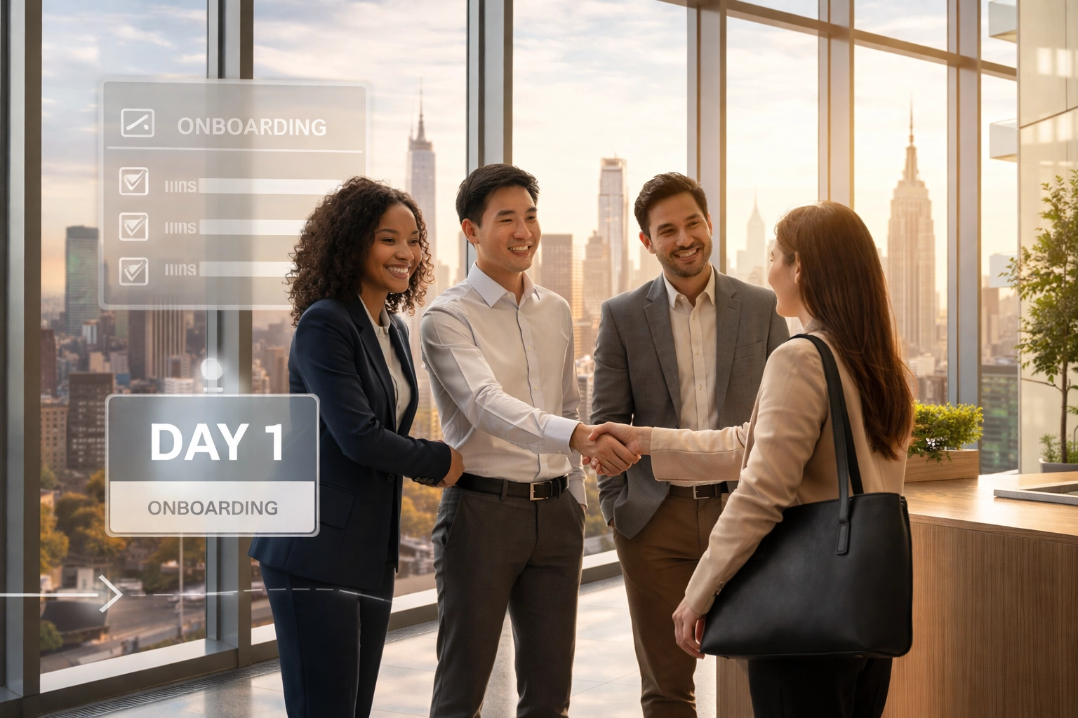 Diverse business professionals greet new hire in a modern Manhattan office lobby, highlighting structured onboarding and company culture.