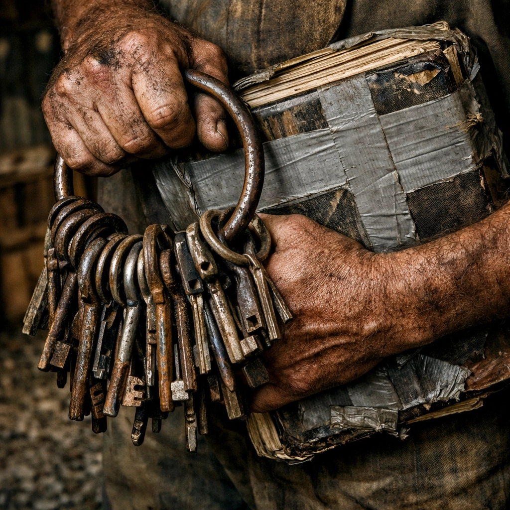 A volunteer gatekeeper clutching keys and a binder, showing risks in an ag society board structure.