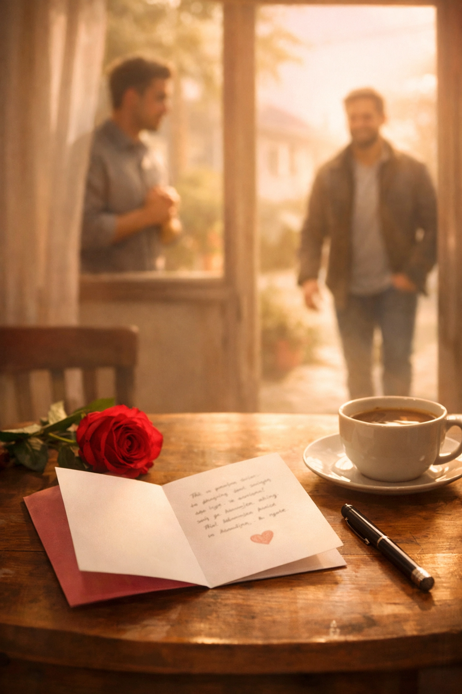 Valentine's Day confession card with gay couple in background representing MM romance reveal moment