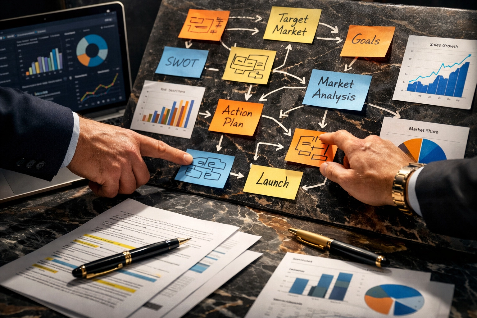 Strategic planning session with business analytics and workflow mapping for international media consulting