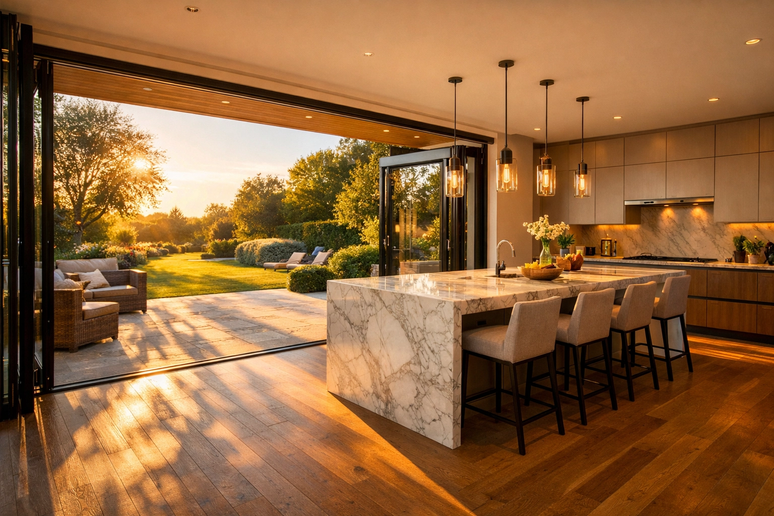 Spacious open-plan kitchen and dining area with bi-fold doors opening to a garden in a renovated bungalow.