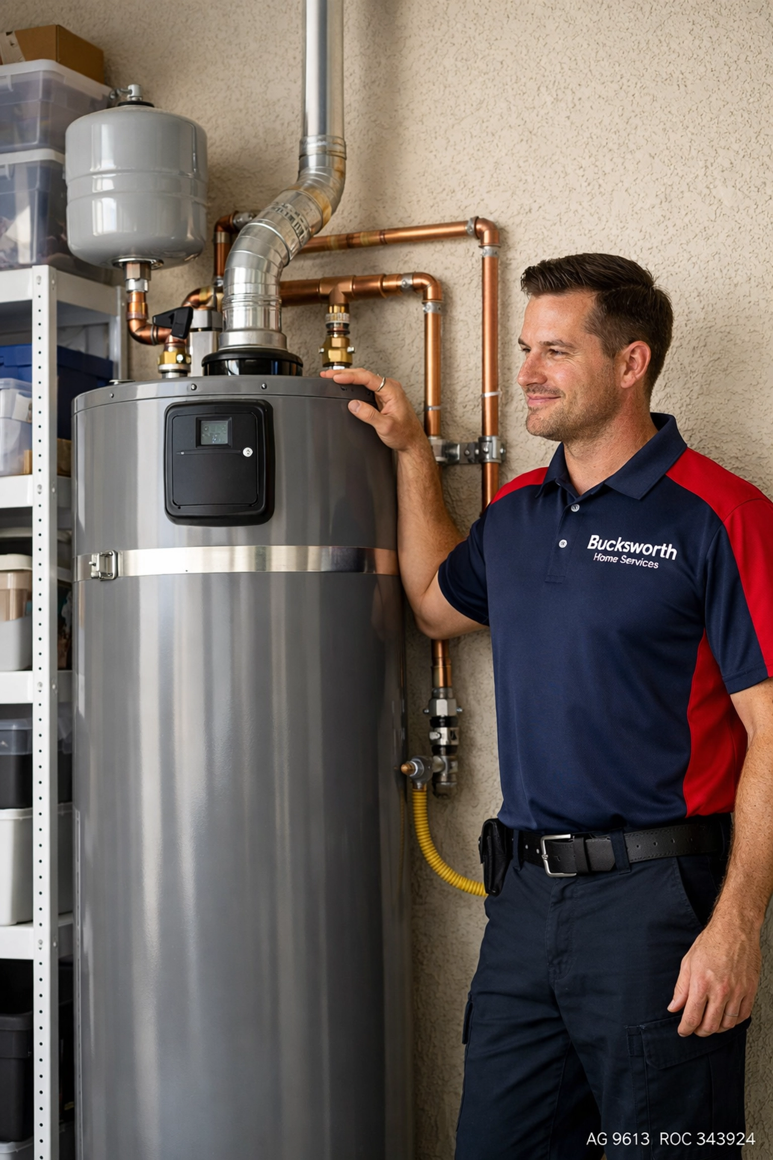 Bucksworth Home Services technician with a new water heater installation in Laveen, AZ.