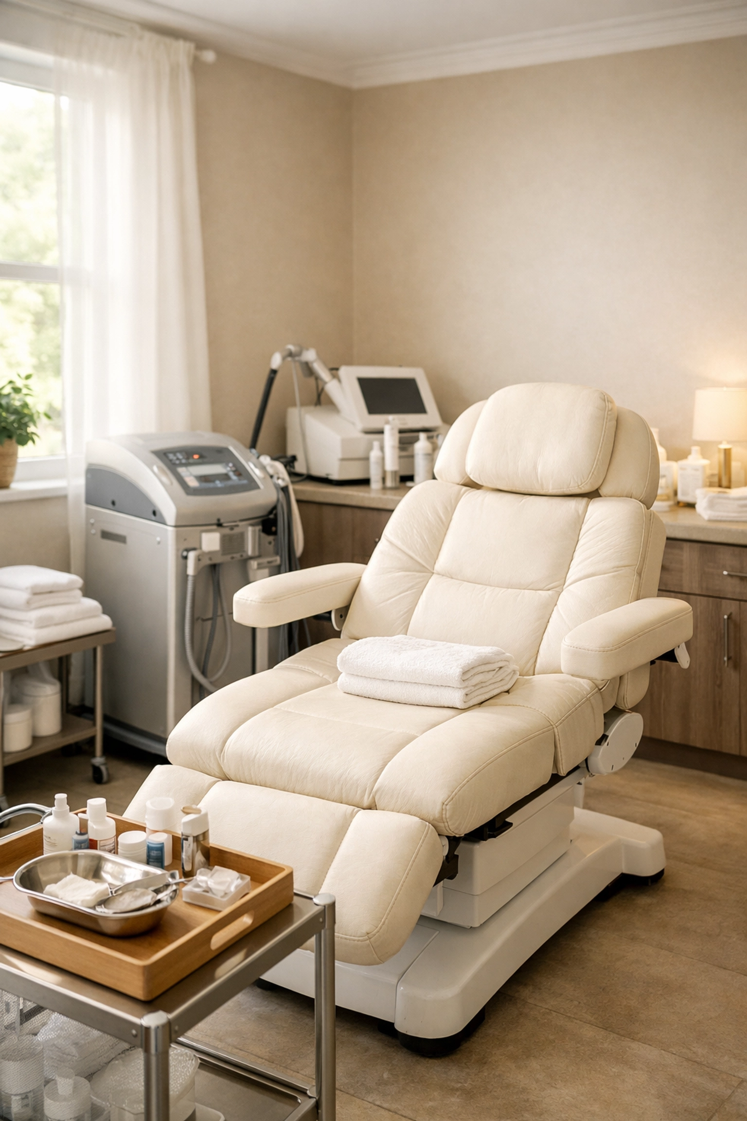 Comfortable wellness clinic treatment room prepared for peptide therapy session