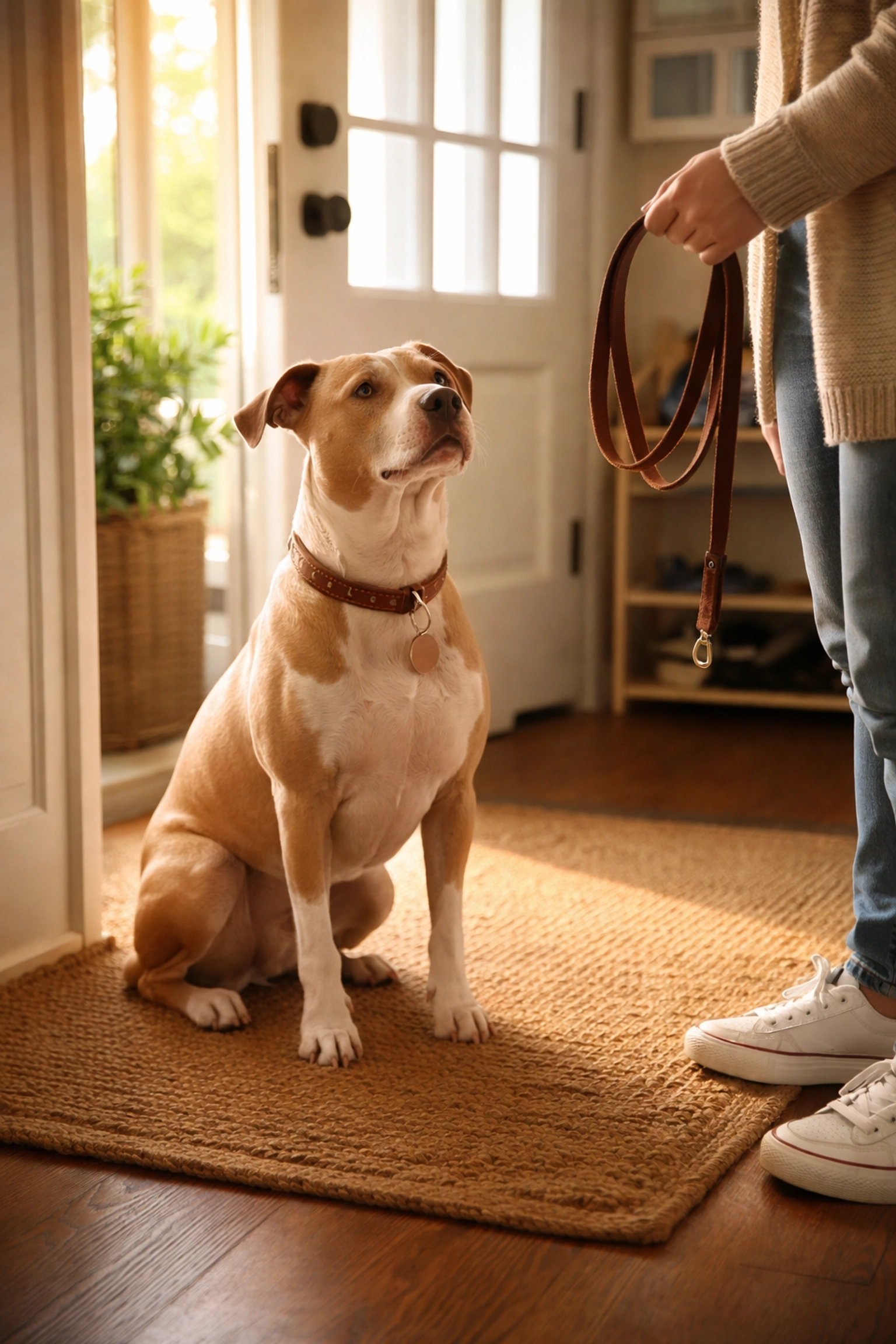 Rescue dog sitting calmly by the front door, showing trust and bonding with new owner