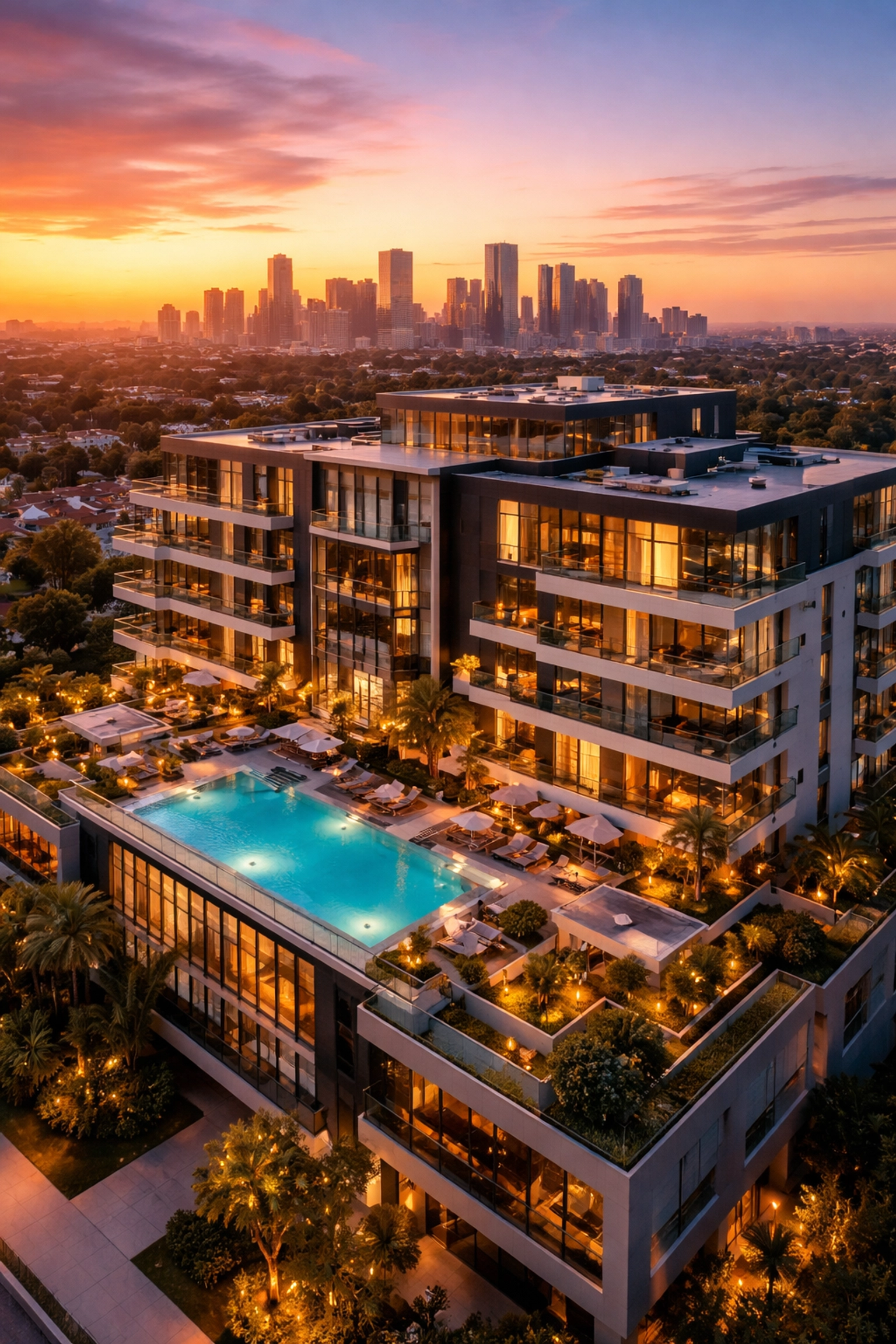 Aerial view of luxury apartment complex at sunset highlighting institutional real estate investment opportunities