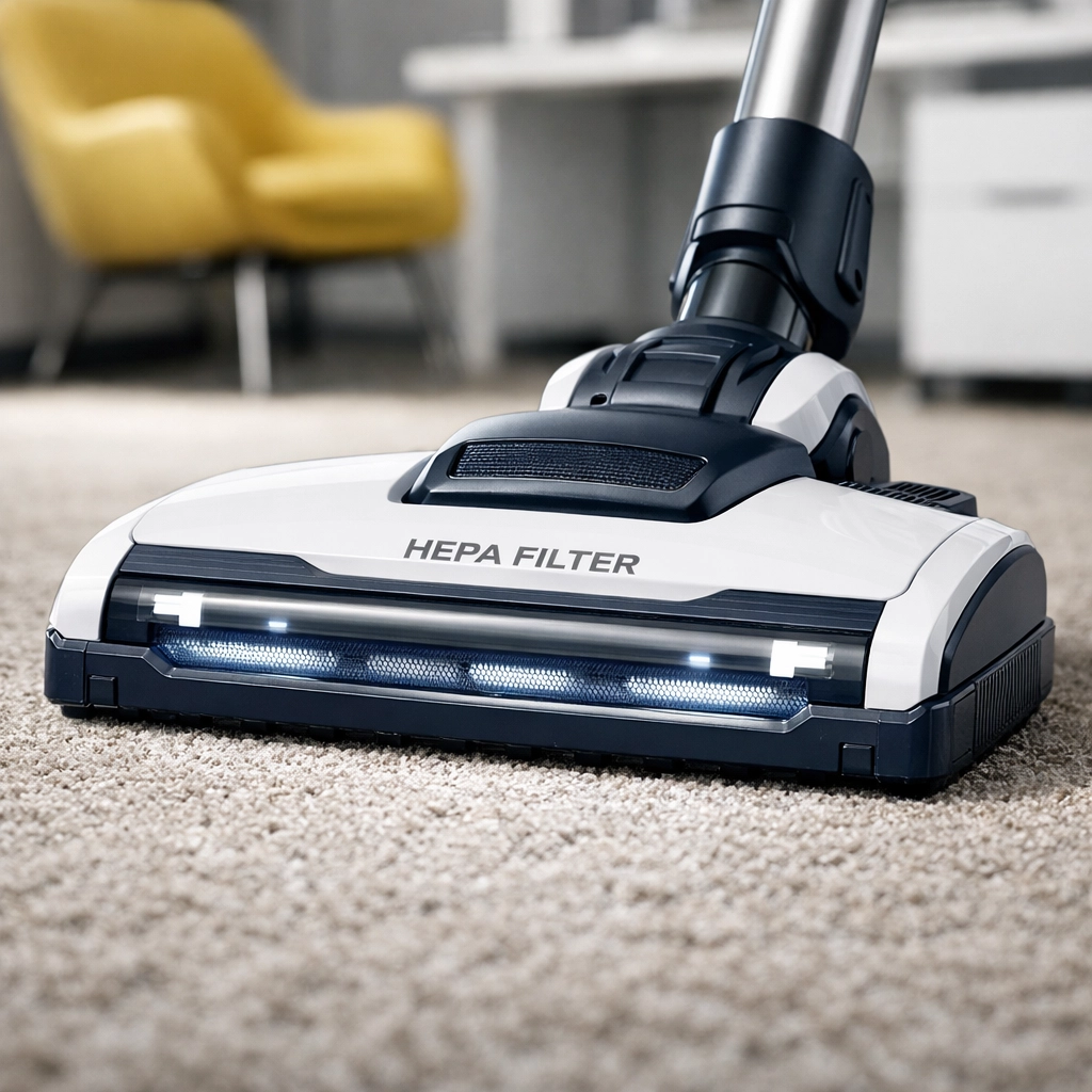 Professional HEPA vacuum cleaning a home office carpet to provide high-quality house cleaning services MA.