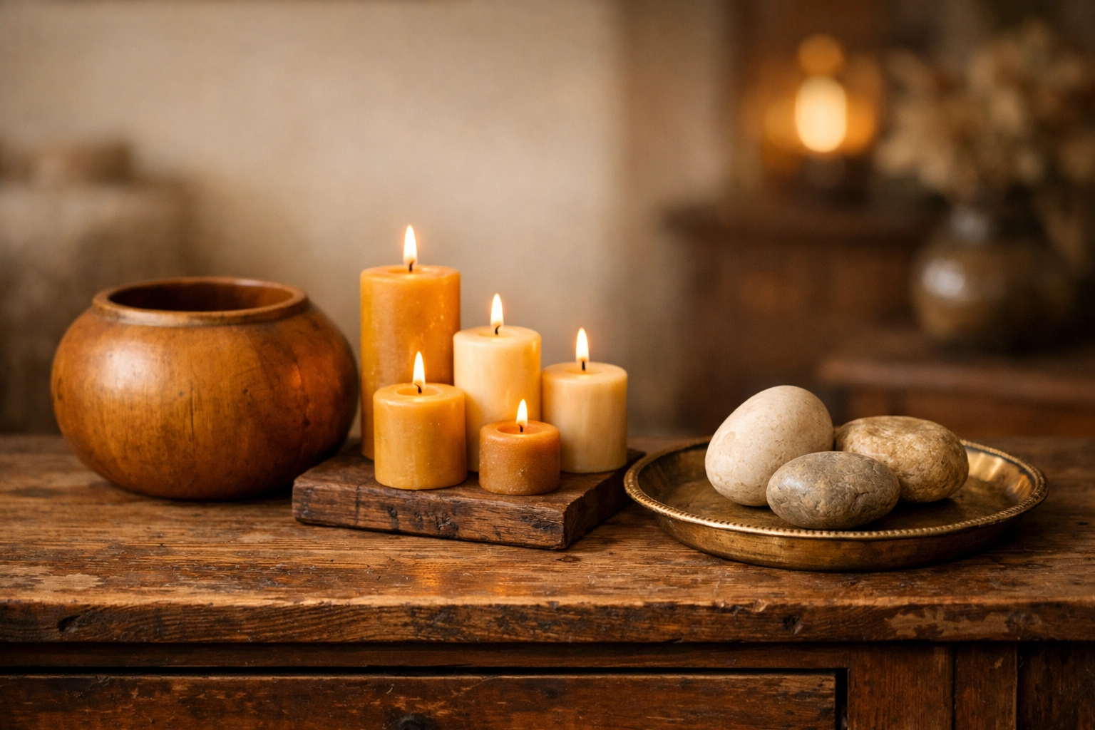 Curated home decor display of artisan sculptural accessories on a rustic wooden sideboard.